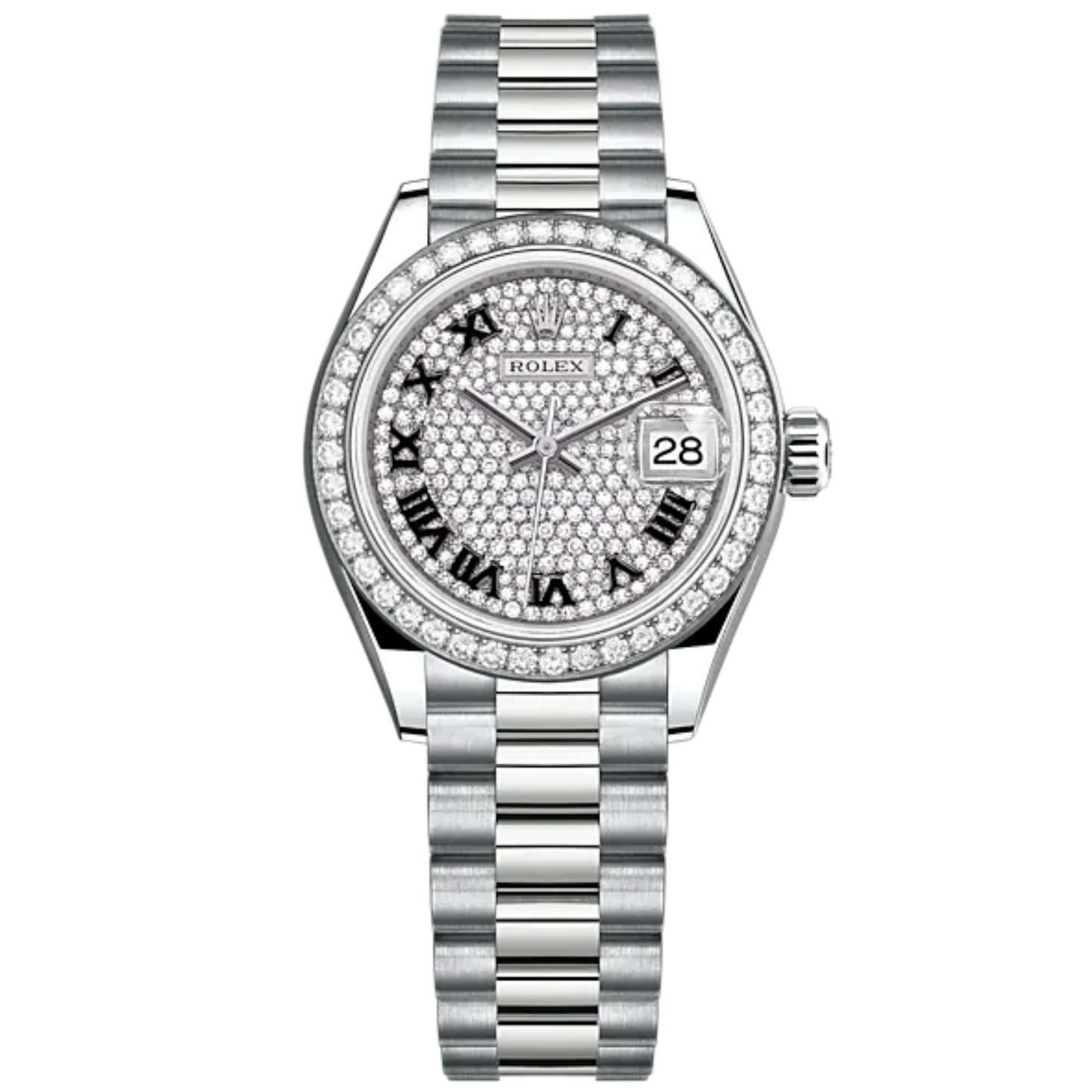 Lady-DateJust 28mm President Bracelet and 18 KT White Gold with Diamond-Paved Dial and Diamond-Set Bezel