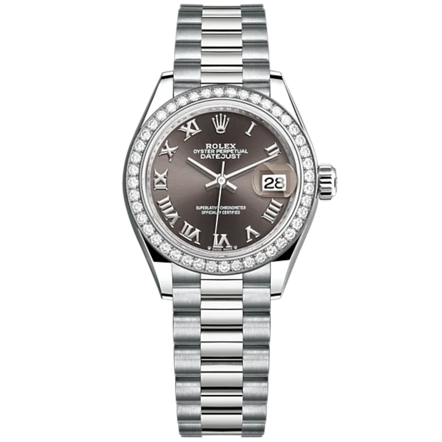 Lady-DateJust 28mm President Bracelet and 18 KT White Gold with Dark Grey Roman Dial and Diamond-Set Bezel
