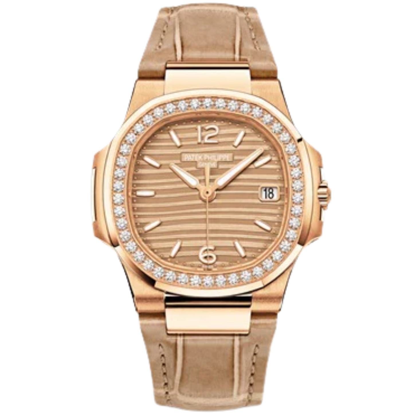 Patek Philippe Nautilus Ref. 7010R-012 32MM Rose Gold Champagne Dial with Diamond Bezel on Leather Strap