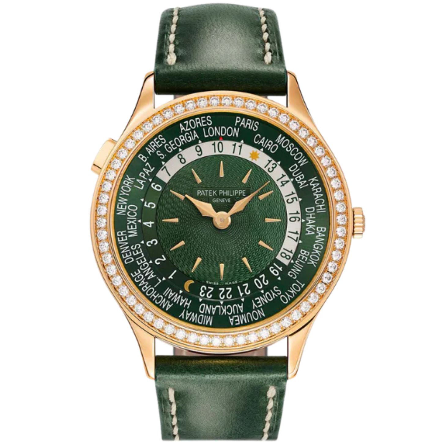 7130R-014 Rose Gold World Time Green Dial with Diamond Bezel