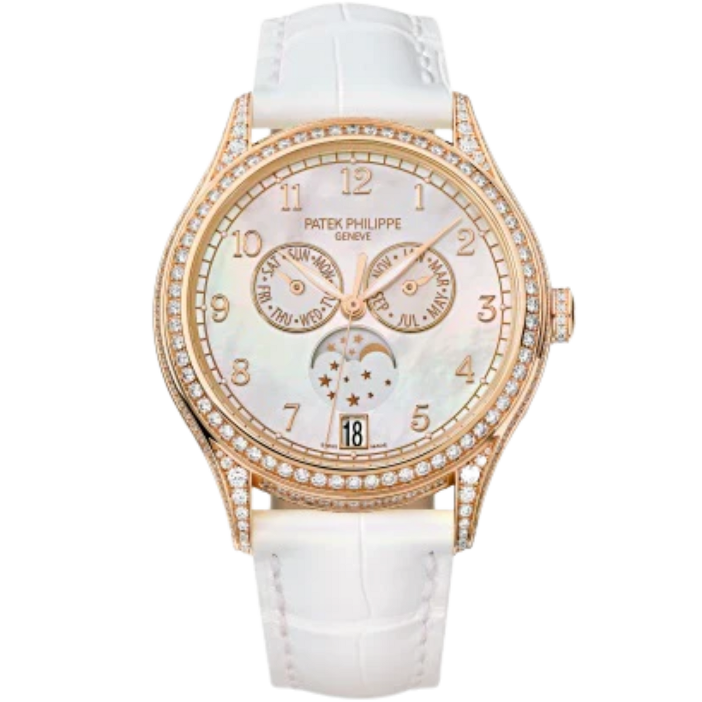 4948R Complications 38mm Matte Pearly White Alligator Strap White Balinese Mother-of-Pearl Dial Rose Gold Diamond-paved Bezel