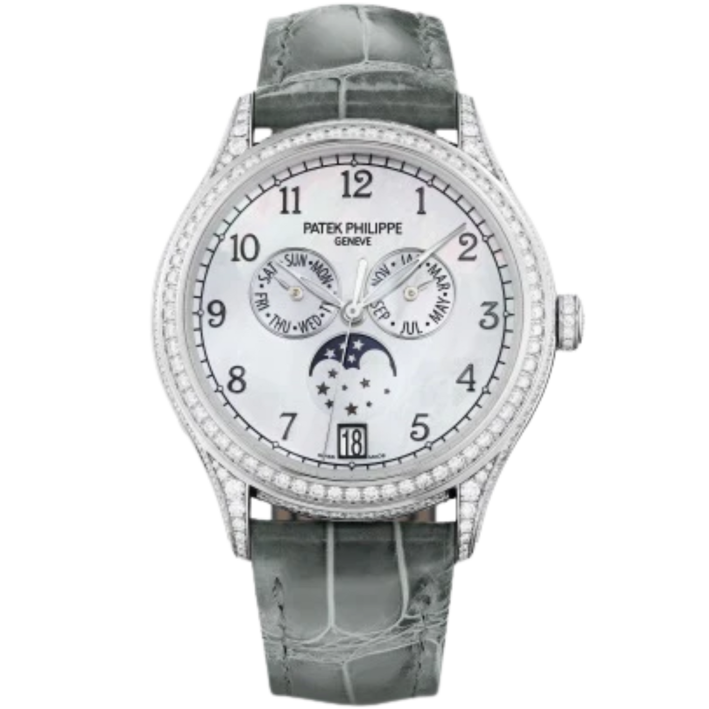 4948G Complications 38mm Pale Gray Shiny Alligator Strap White Balinese Mother-of-Pearl Dial White Gold Diamond-paved Bezel