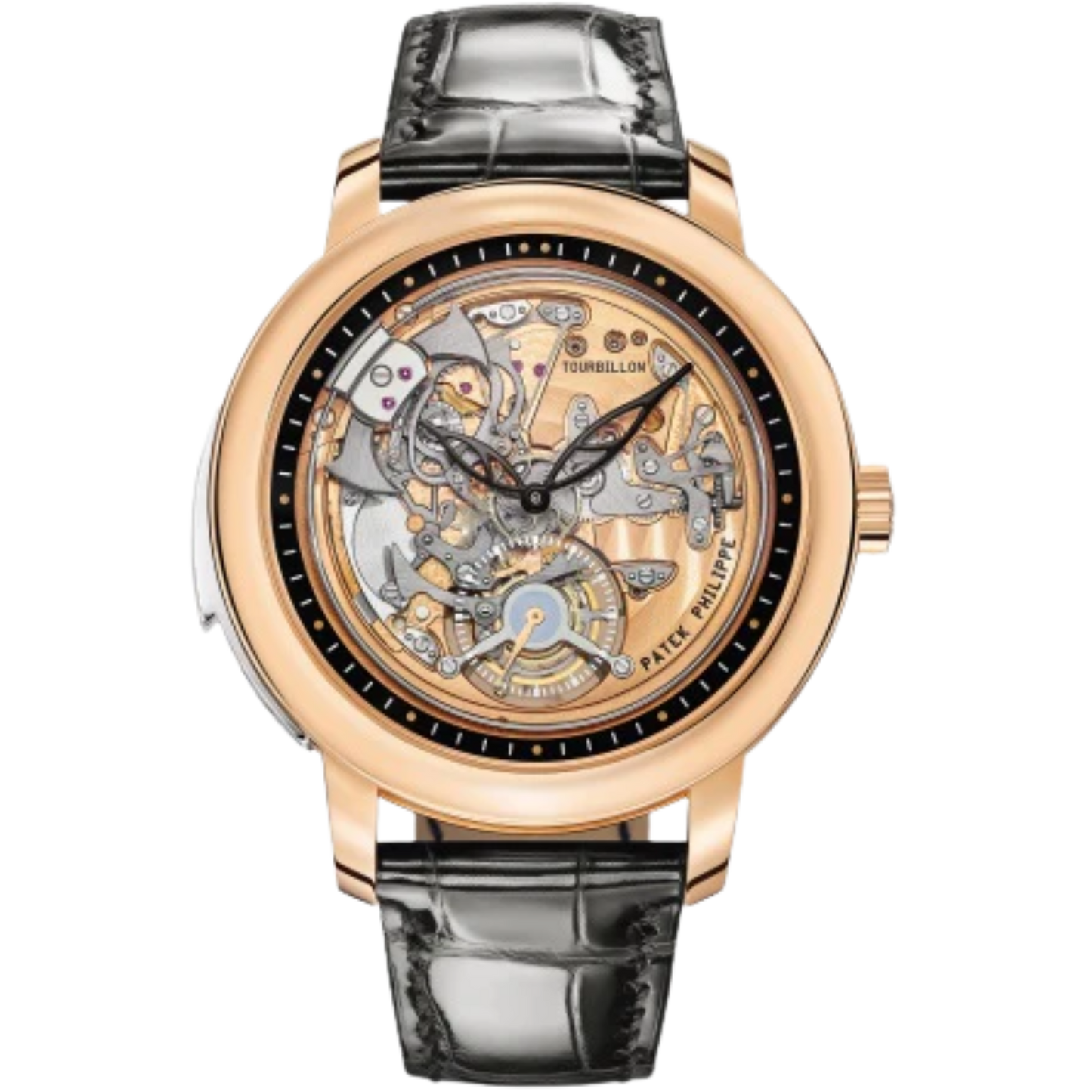 5303R-001 Grand Complications 42mm Shiny Black Alligator Leather Strap Transparent Sapphire Dial Rose Gold Bezel