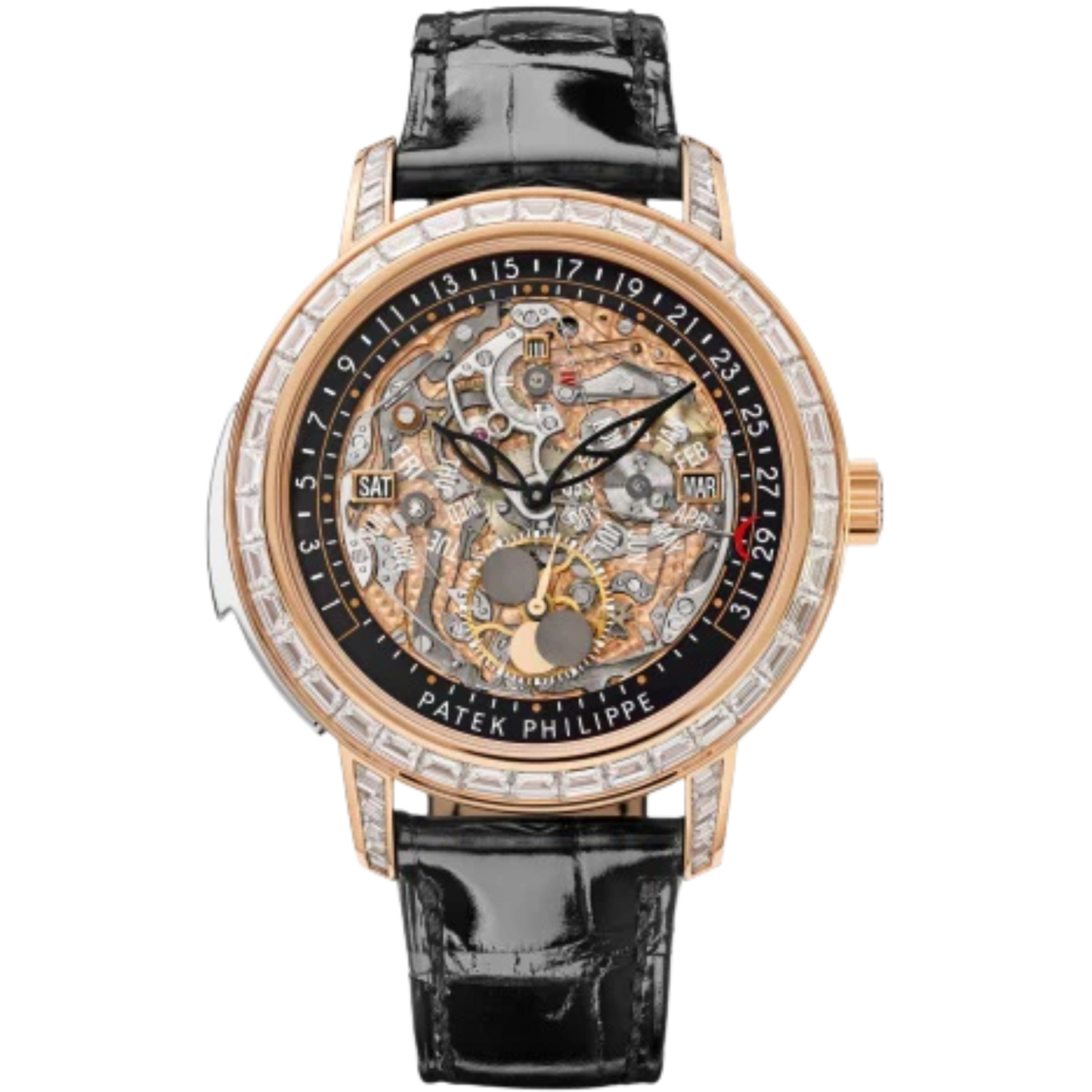 5304/301R-001 Grand Complications 43mm Shiny Black Alligator Leather Strap Transparent Sapphire Dial Diamond-paved Rose Gold Bezel