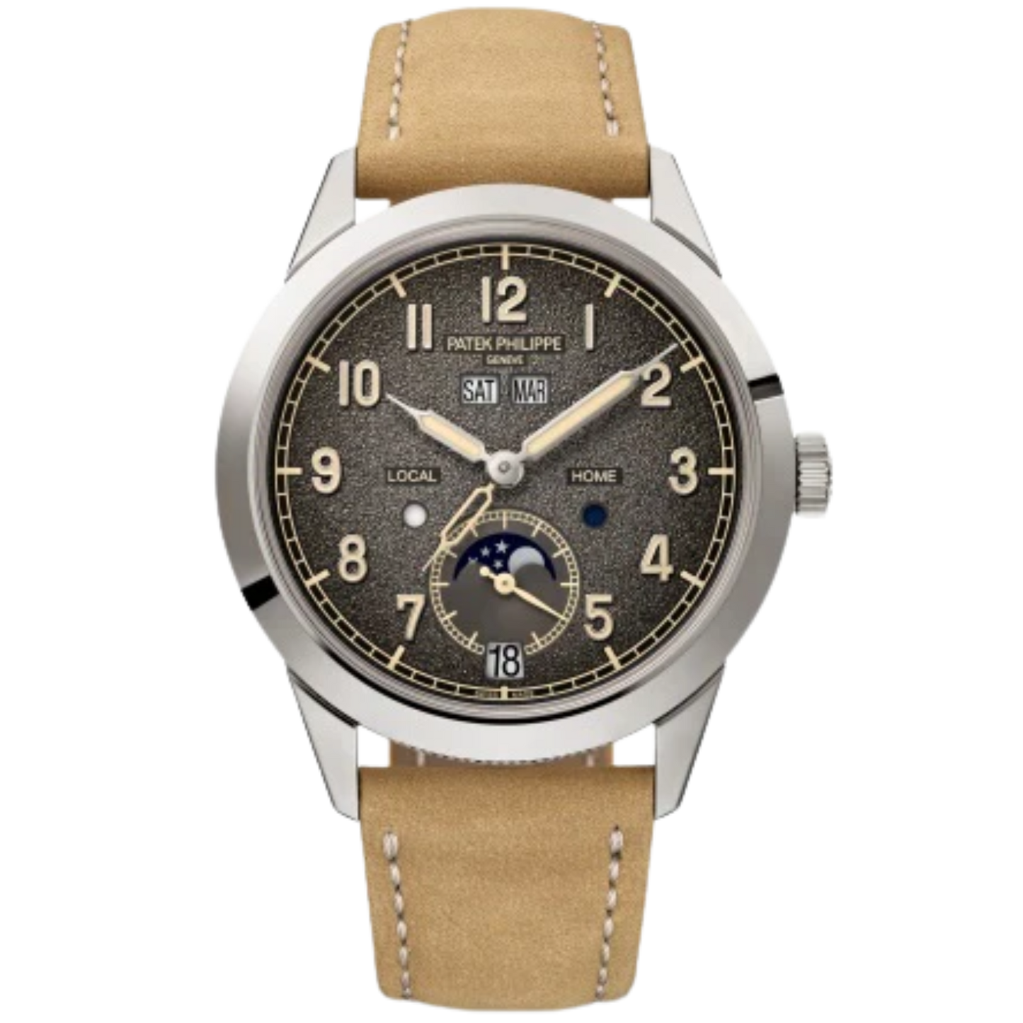 5326G Complications 41mm Nubuck Beige/Embossed Black Calfskin Strap Textured Charcoal Gray Gradient Black Rim Dial White Gold Bezel