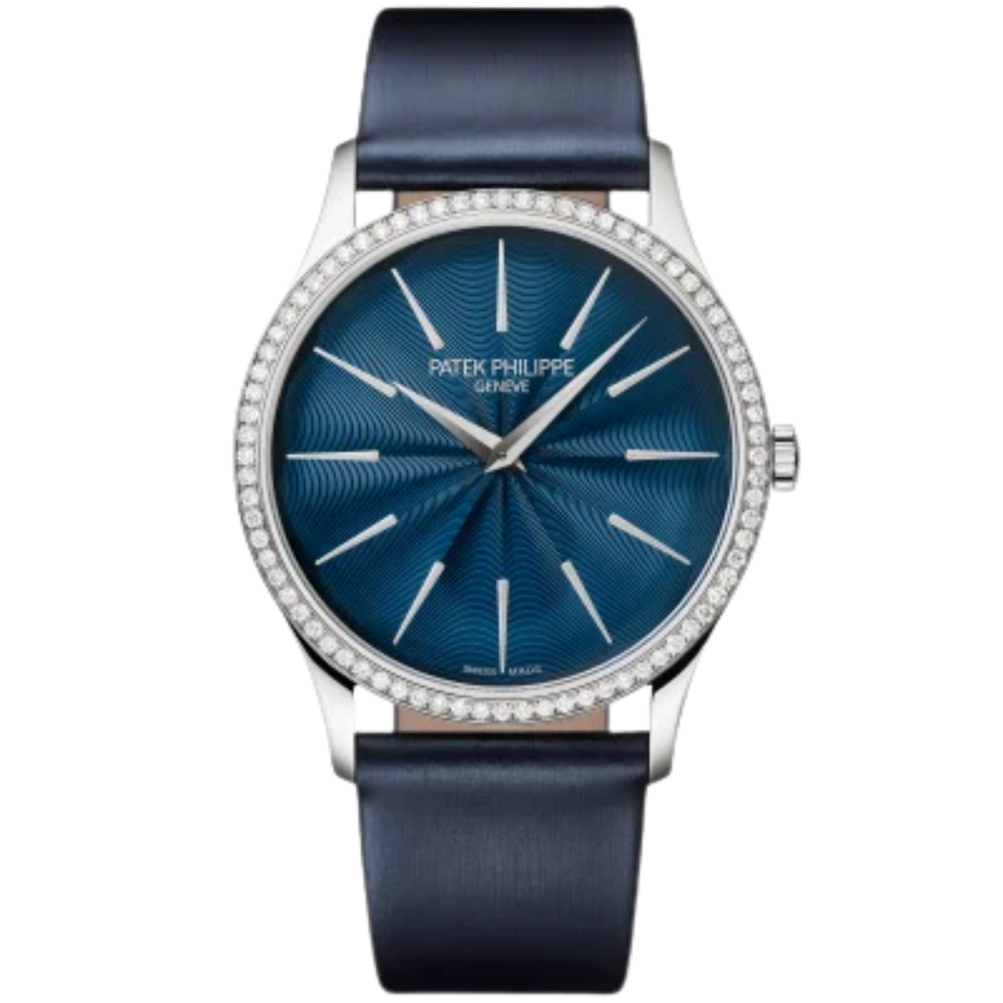 4997/200G Calatrava 35mm Satinated Shiny Navy Blue Brushed Calfskin Strap Midnight Blue Guilloched Lacquered Dial Diamond-set White Gold Bezel