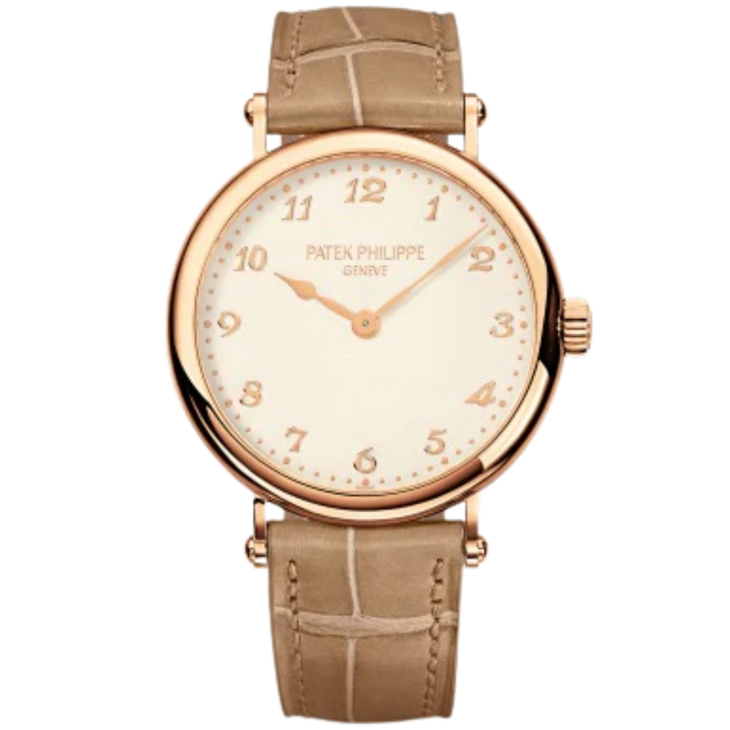 7200R Calatrava 34.6mm Matte Pearly Beige Alligator Strap Silvery-Grained Dial Rose Gold Bezel