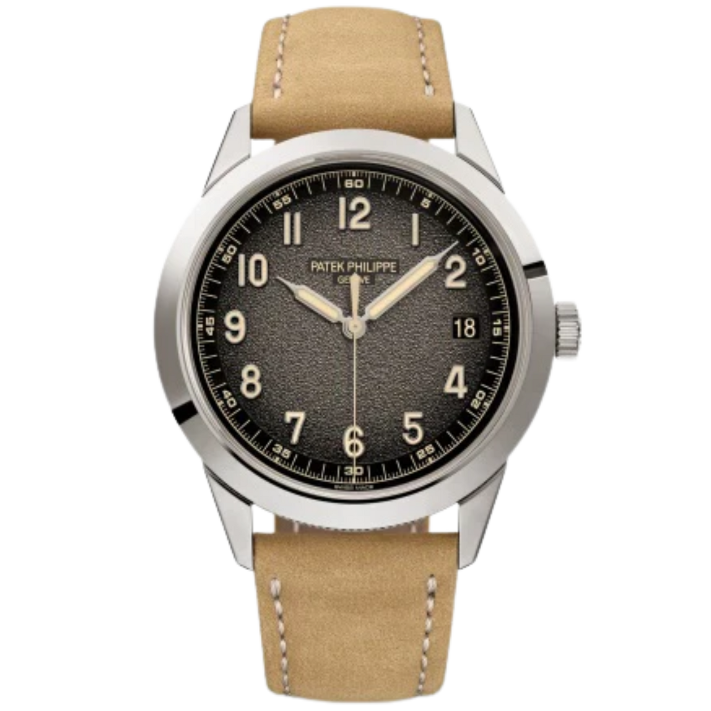 5226G Calatrava 40mm Nubuck Beige/Embossed Black Calfskin Strap Textured Charcoal Gray Gradient Black Rim Dial White Gold Bezel