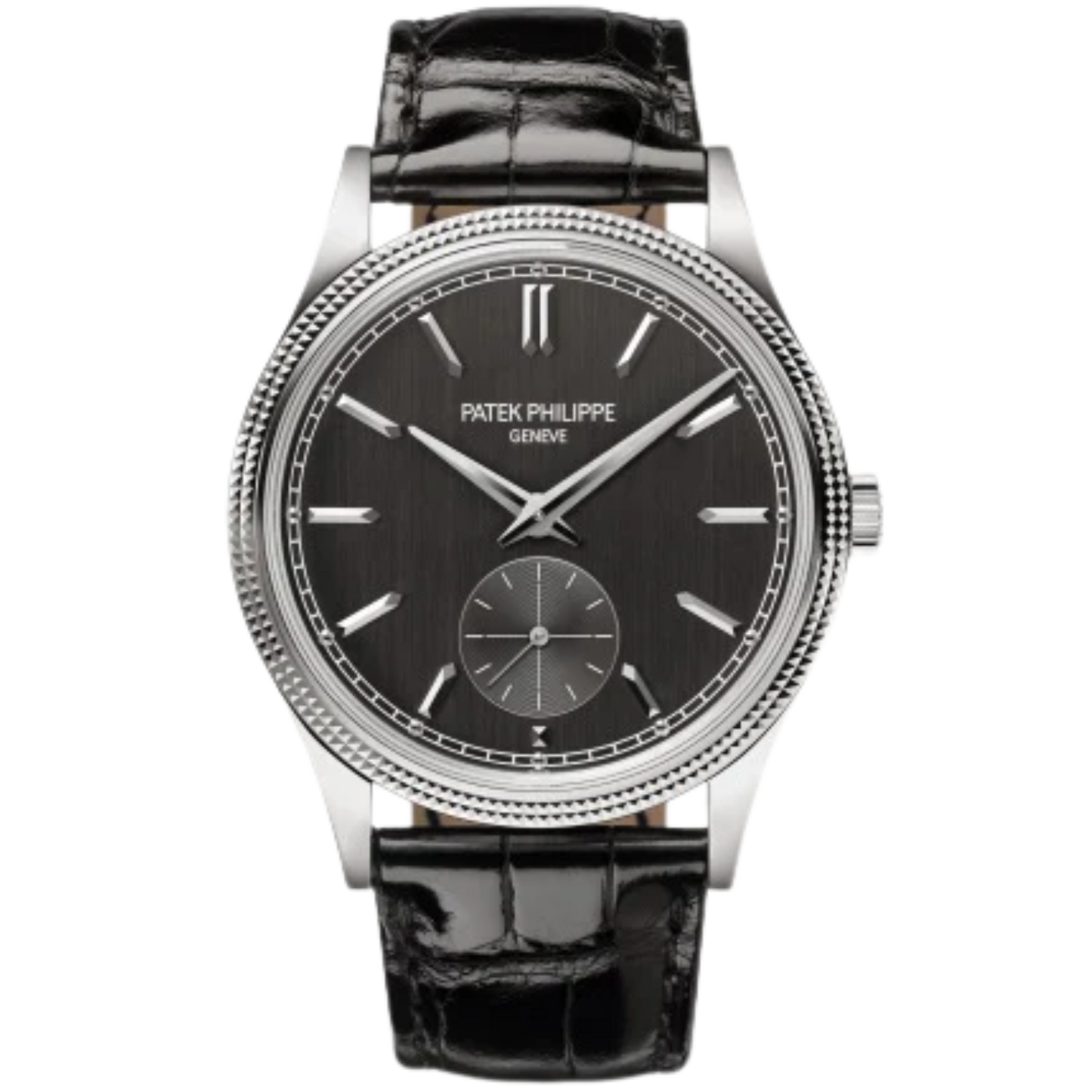 6119G Calatrava 39mm Shiny Black Alligator Leather Strap Charcoal Gray Satin Dial White Gold Bezel