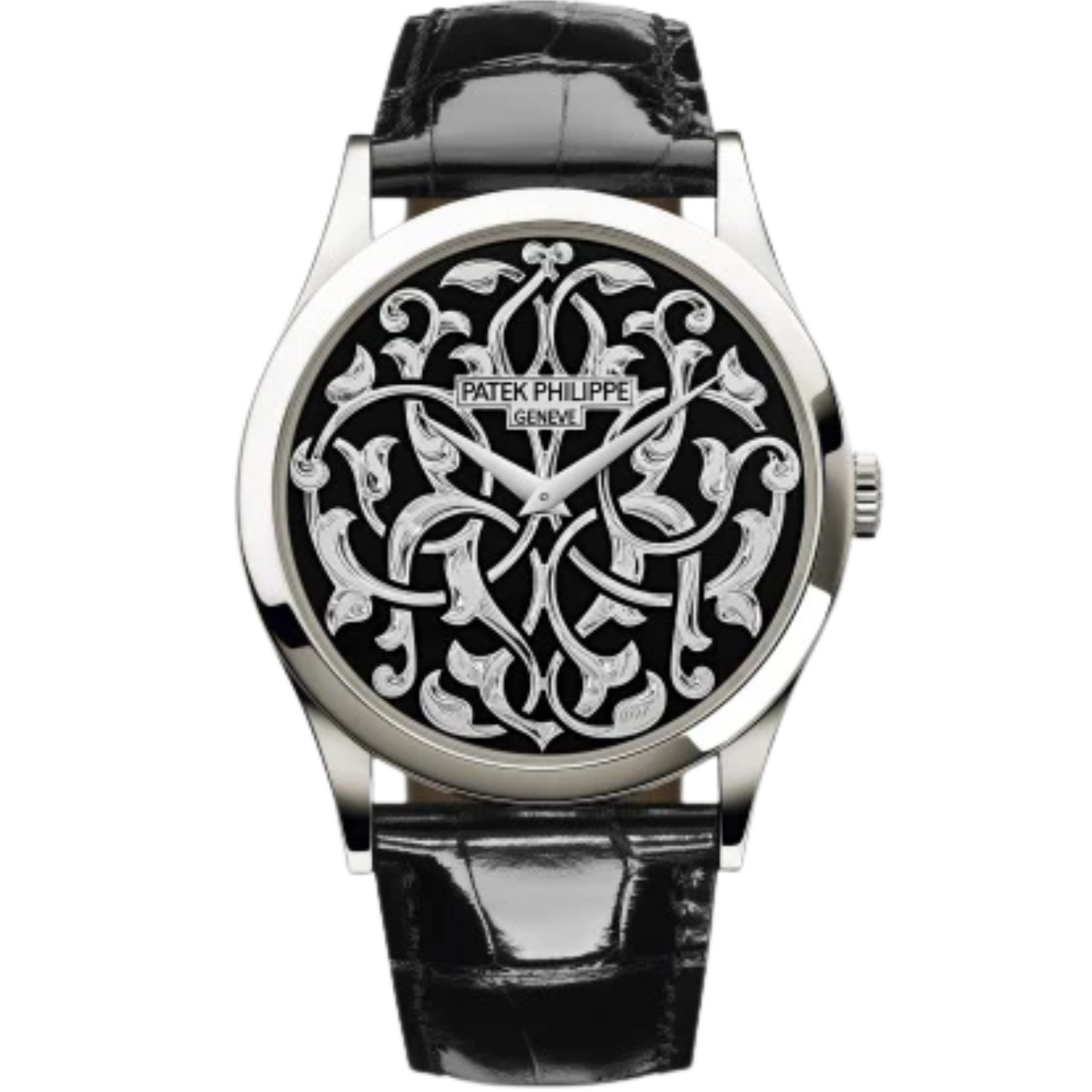 5088/100P Calatrava 38mm Shiny Black Alligator Strap Hand-engraved Black Enamel 18K Gold Dial Platinum Bezel