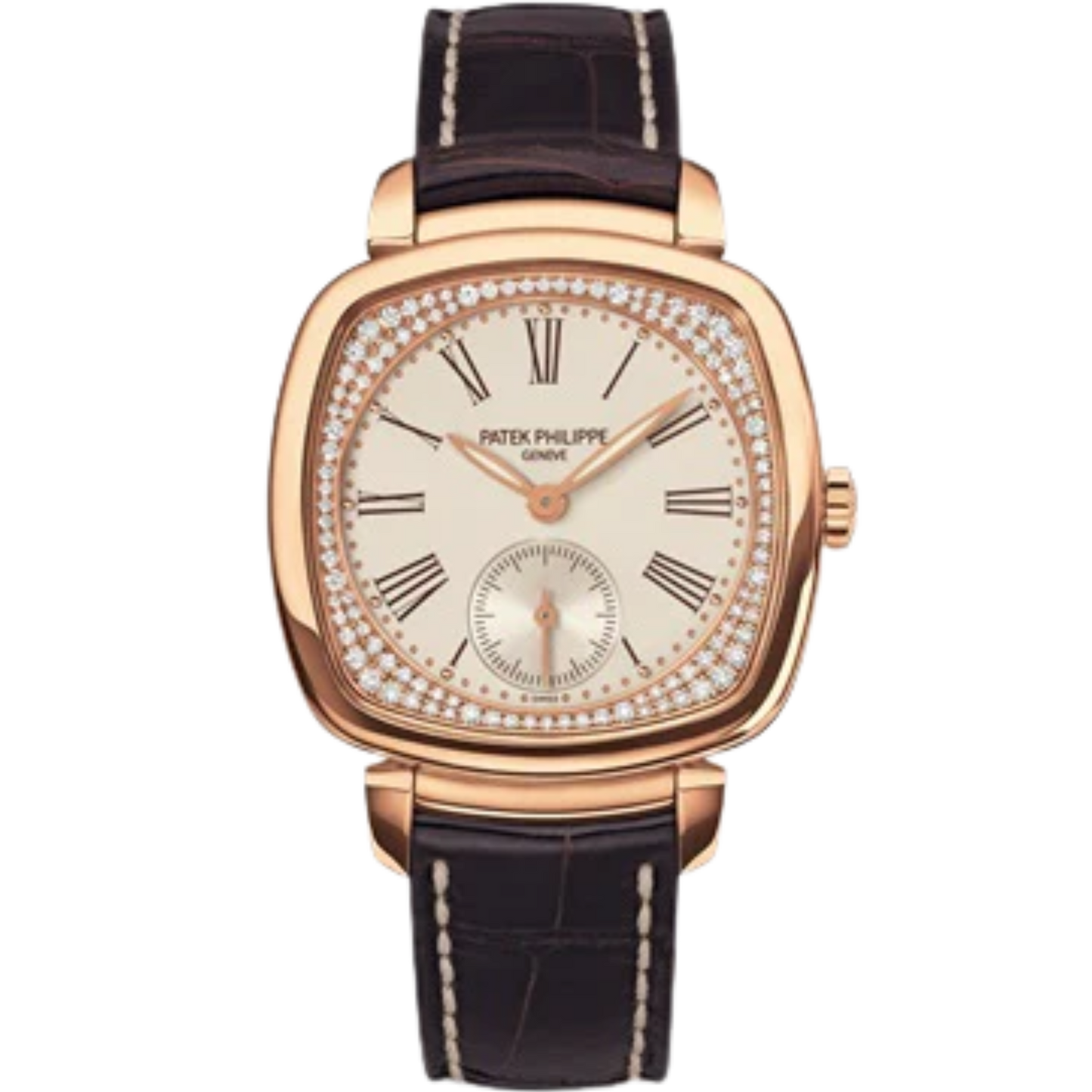 7041R Gondolo Dark Chestnut Alligator Strap Silvery Grained Diamond-set Flange Dial Rose Gold Rectangular Bezel