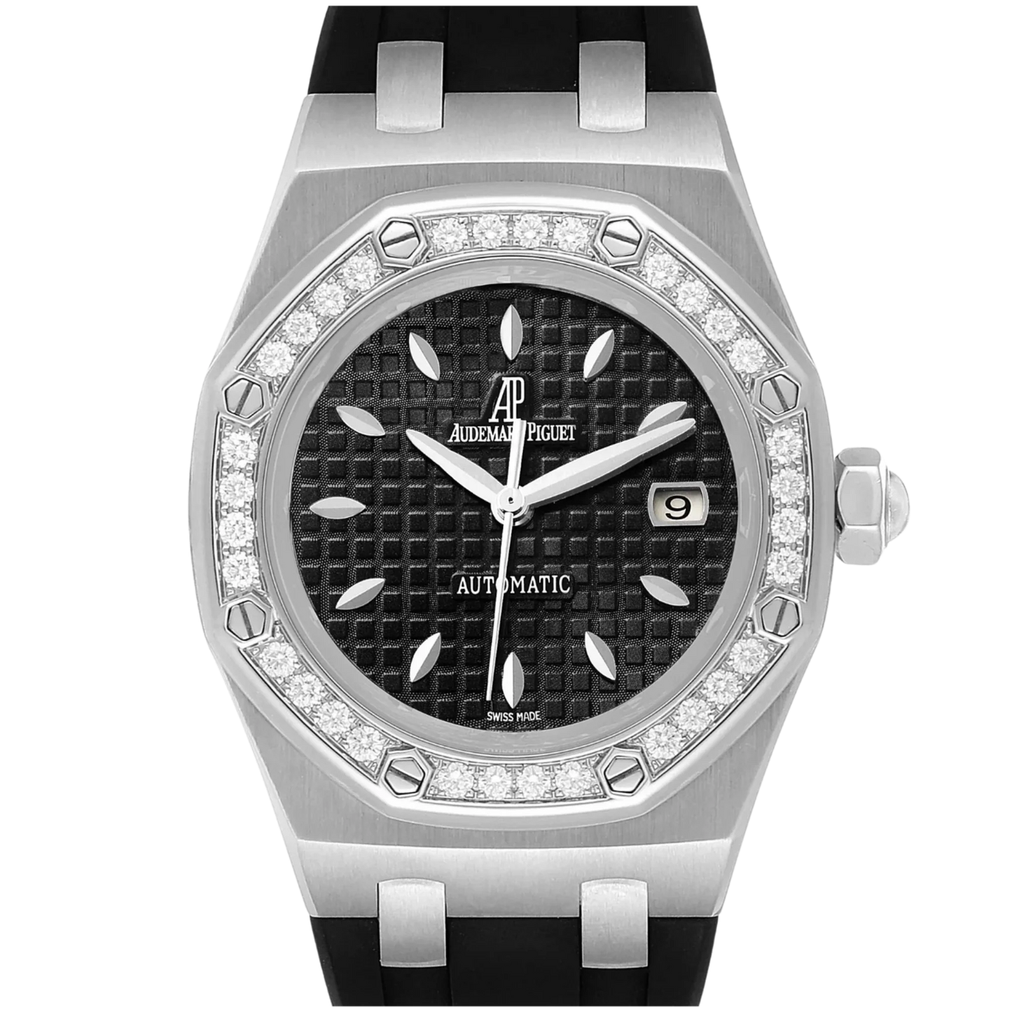 Audemars Piguet Royal Oak Ref. 67621ST.ZZ.D002CR.01 33MM Stainless Steel Black Dial with Factory Gem Set Bezel on Black Rubber Strap