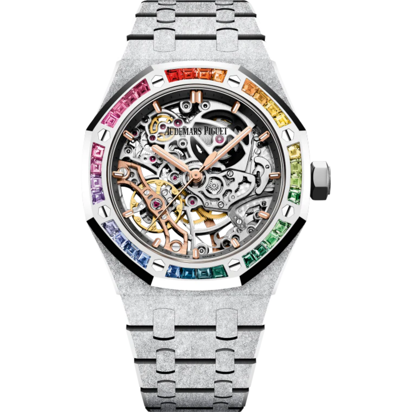 Audemars Piguet Royal Oak Ref. 15468BC.YG.1259BC.01 37MM White Gold Frosted Skeleton with Rainbow Bezel