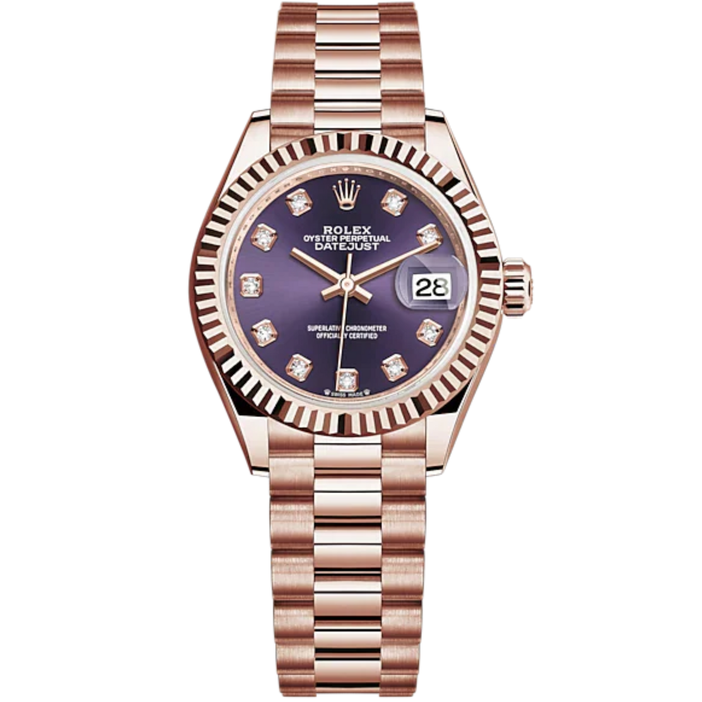 Lady-DateJust 28mm President Bracelet and 18 KT Everose Gold with Aubergine Dial Diamond-Set Dial Fluted Bezel
