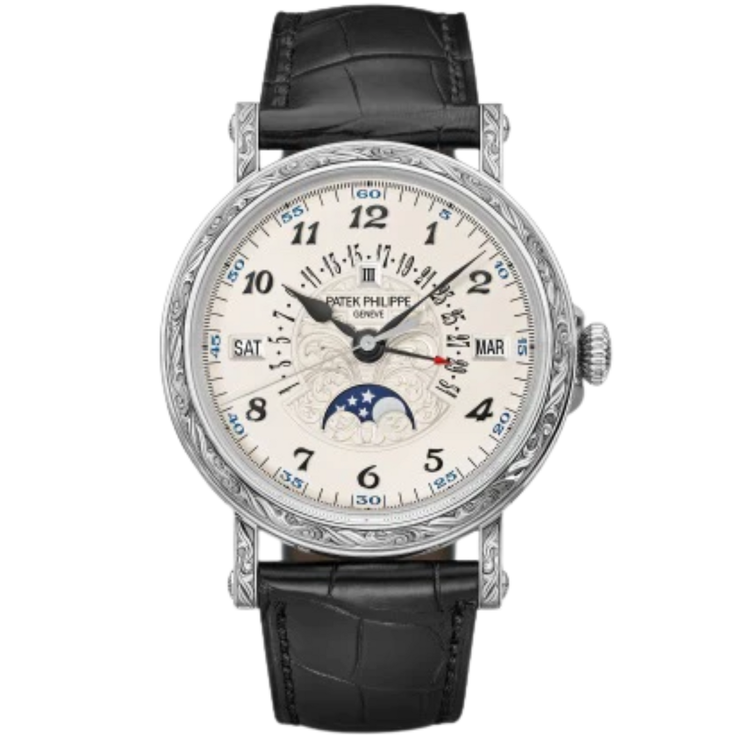 5160/500G Grand Complications 38mm Matte Black Alligator Strap Silvery Opaline Dial Hand-Engraved White Gold Bezel