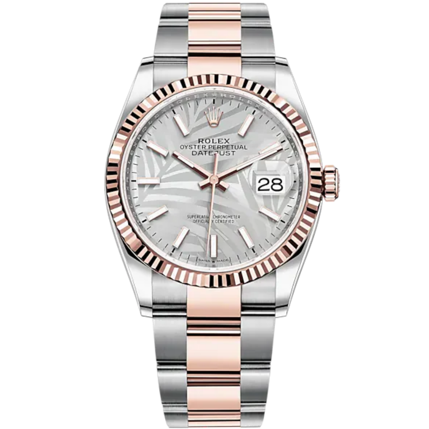 Datejust 36 36mm Oyster Bracelet Oystersteel and Everose Gold with Silver Palm-Motif Dial Fluted Bezel