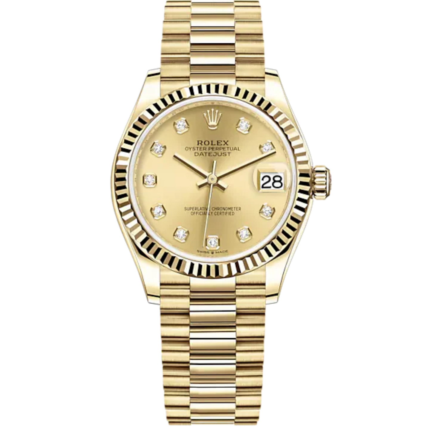 Datejust 31 31mm President Bracelet and 18 CT Yellow Gold with Champagne-Colour Diamond-Set Dial Fluted Bezel