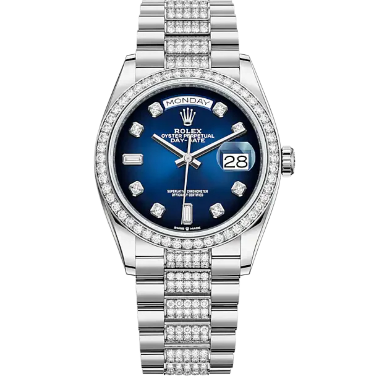 Day-Date 36 36mm President Bracelet and 18 KT White Gold with White Dial Blue Ombré Dial Diamond-Set Dial Diamond-Set Bezel