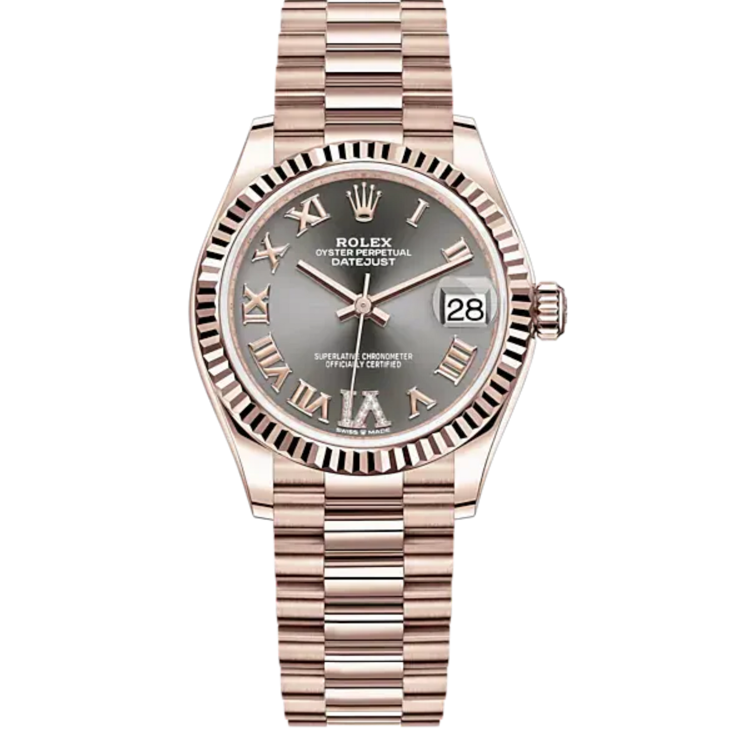 Datejust 31 31mm President Bracelet and 18 CT Everose Gold with Slate Diamond Dial Fluted Bezel