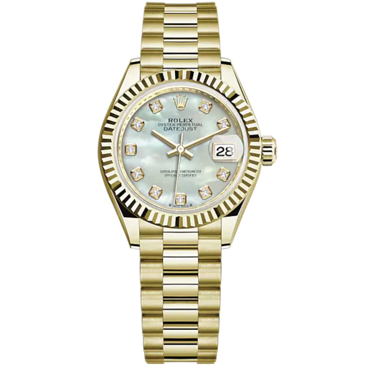 Lady-DateJust 28mm President Bracelet and 18 KT Yellow Gold with White Mother-of-Pearl Dial Diamond-Set Dial Fluted Bezel
