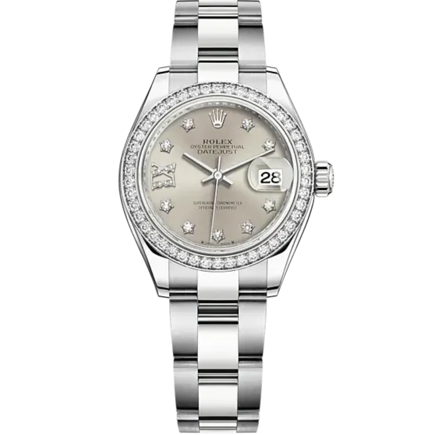 Lady-DateJust 28mm Oyster Oystersteel Bracelet and White Gold with Silver Dial Diamond-Set Dial Diamond-Set Bezel