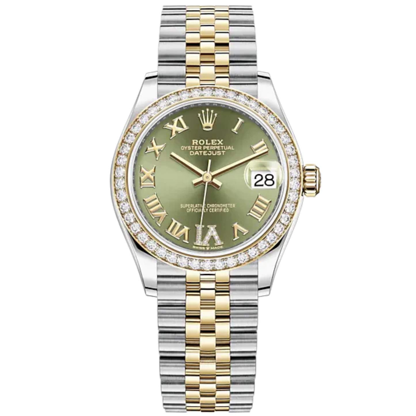 Datejust 31 31mm Jubilee Bracelet Oystersteel and Yellow Gold with Olive-Green Diamond Dial Diamond-Set Bezel
