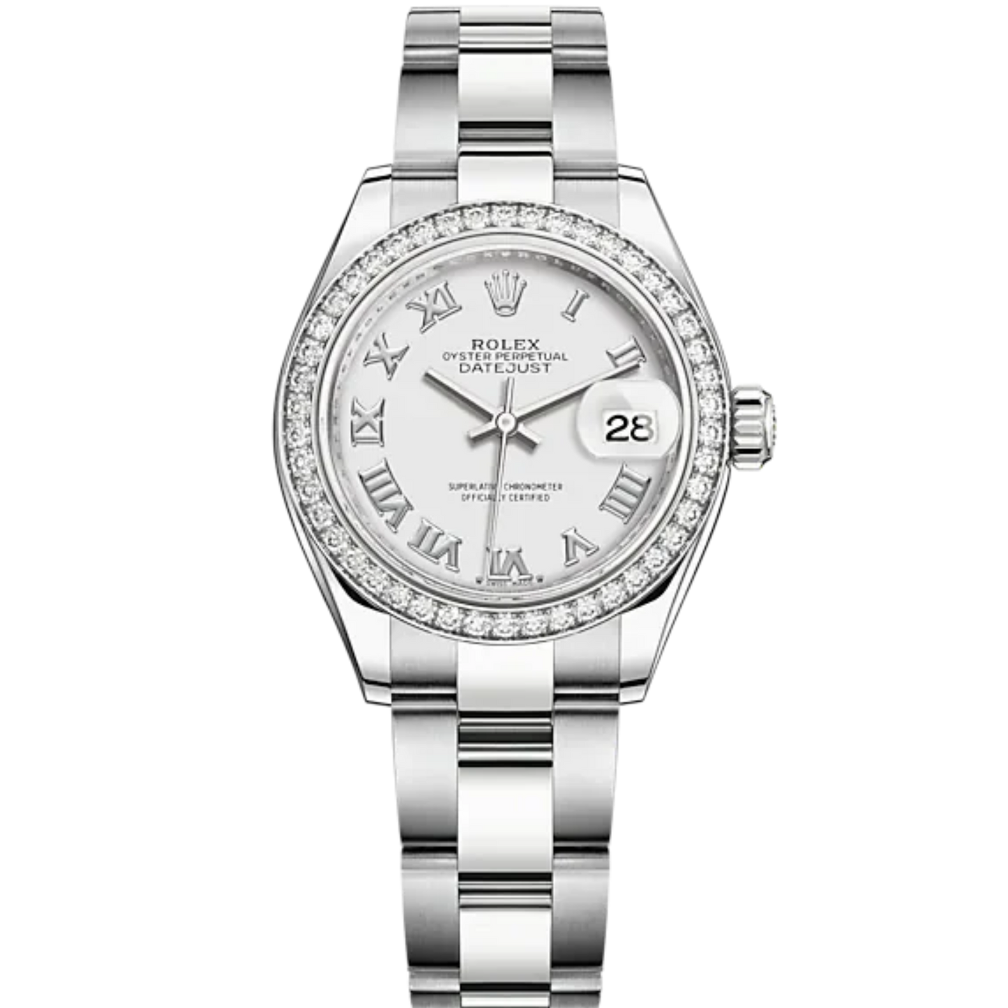 Lady-DateJust 28mm Oyster Oystersteel Bracelet and White Gold with White Dial Diamond-Set Bezel