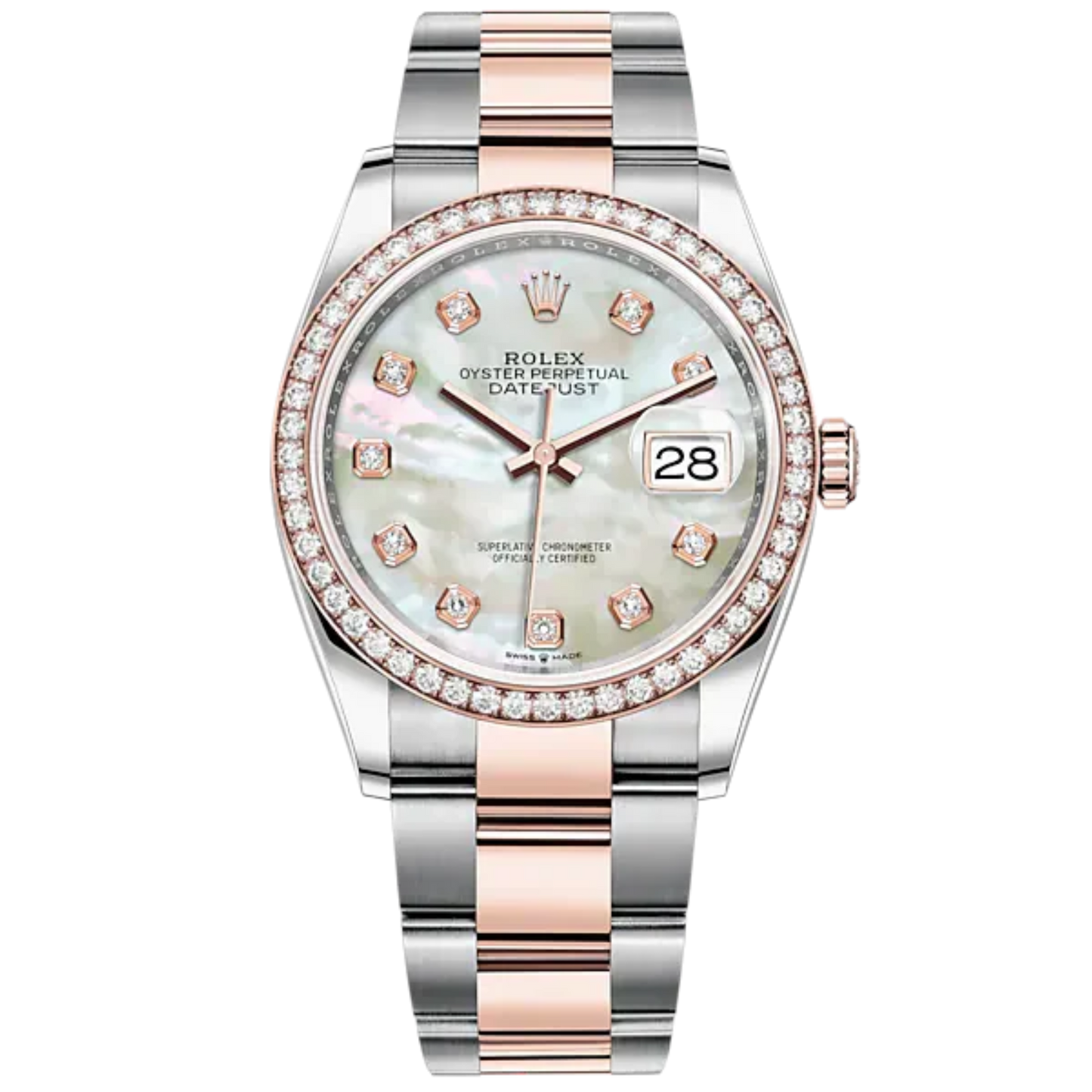 Datejust 36 36mm Oyster Bracelet Oystersteel and Everose Gold with White Mother-of-Pearl Diamond-Set Dial Diamond-Set Bezel