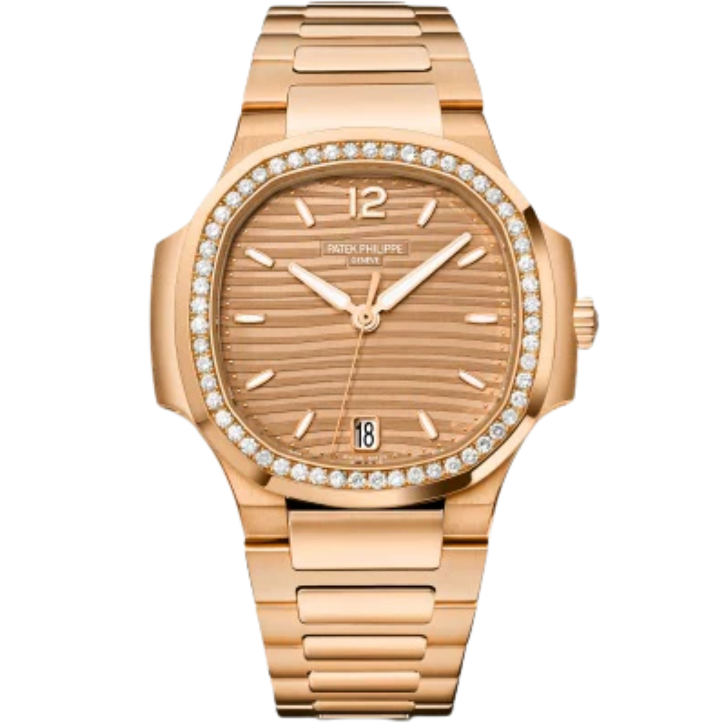 7118-1200R-010 Nautilus Ladies 35.2mm Rose Gold Bracelet Golden Brown Opaline Embossed Dial Octagonal Diamond Bezel