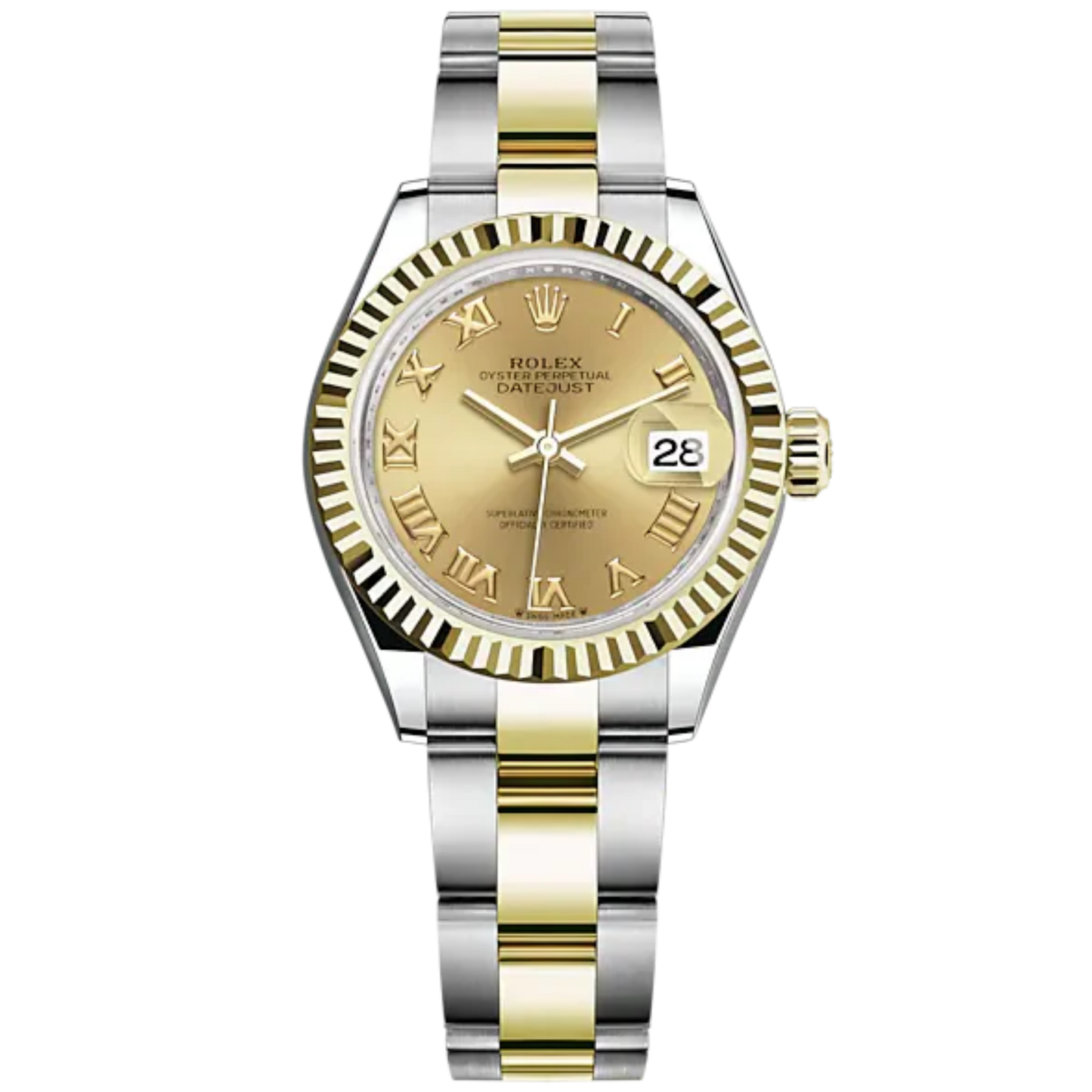 Lady-DateJust 28mm Oyster Oystersteel Bracelet and Yellow Gold with Champagne-Colour Dial Fluted Bezel