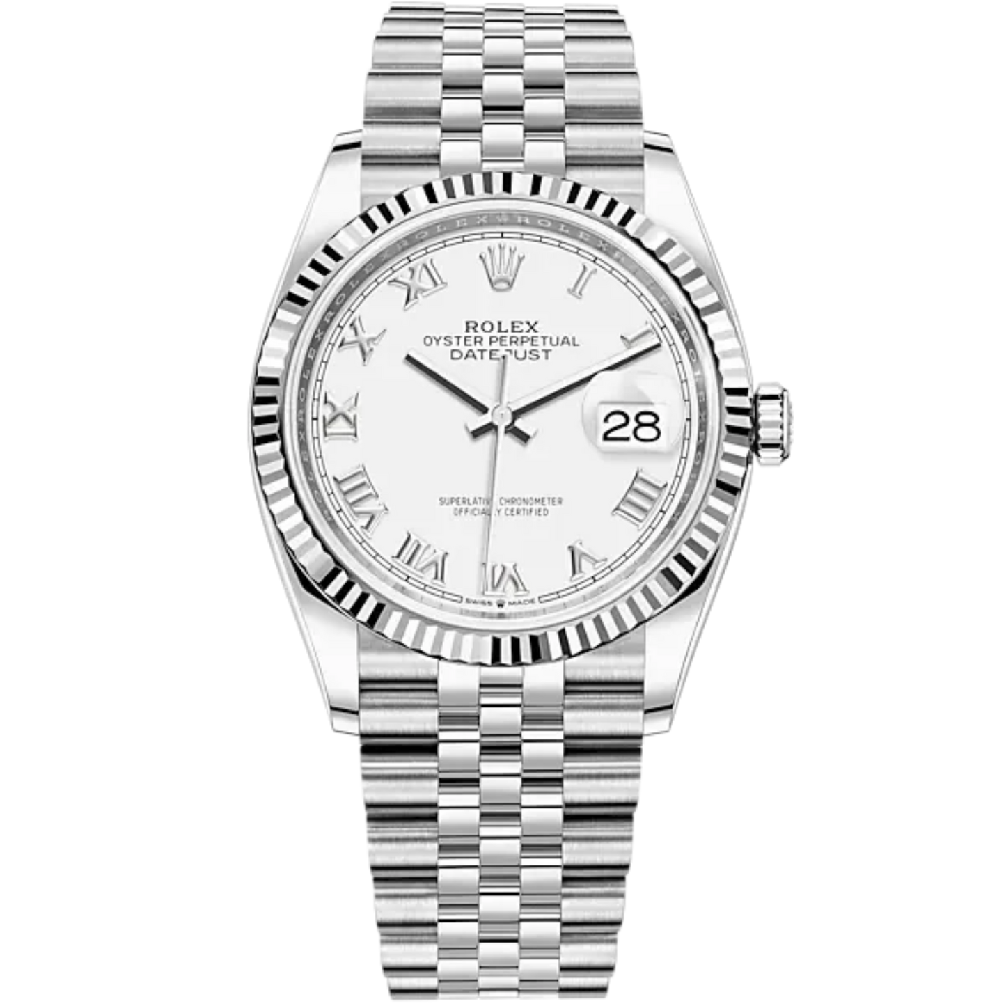 Rolex Datejust Ref. 126234 36mm White Gold Jubilee Bracelet White Roman Dial Fluted Bezel