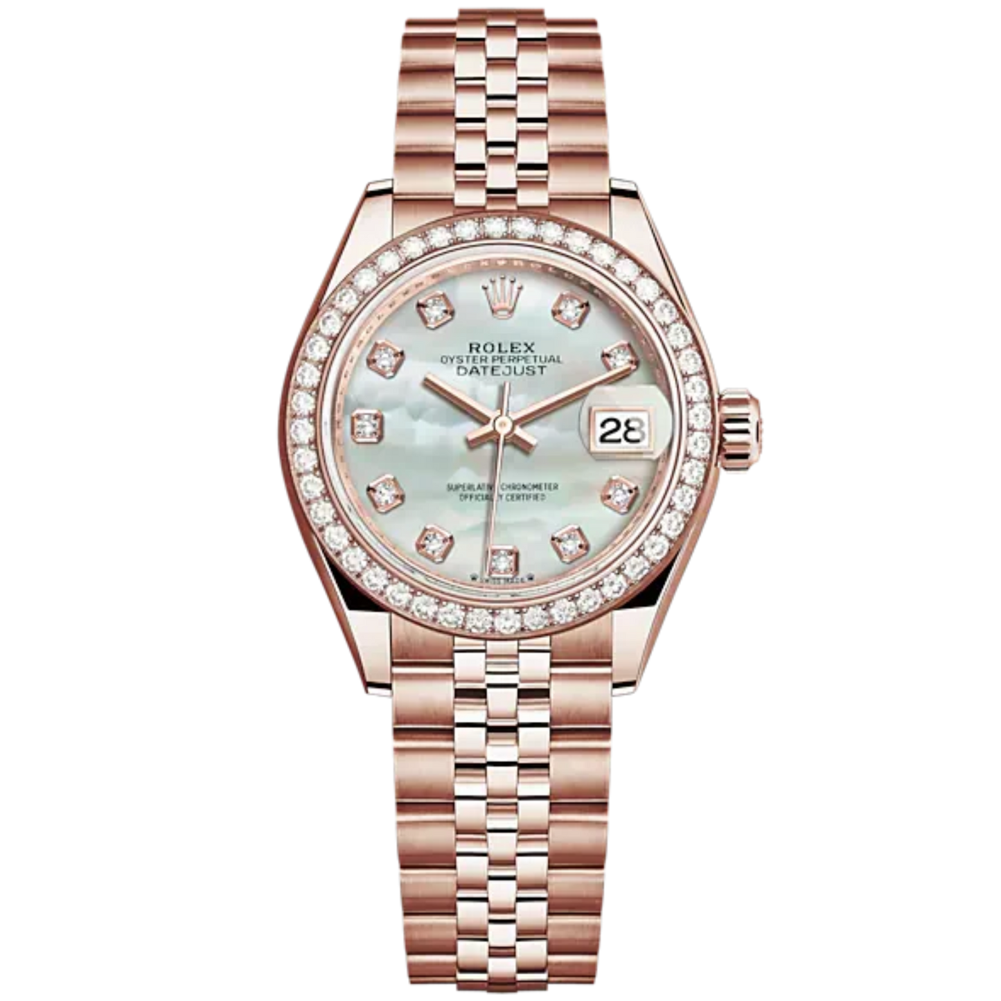 Lady-DateJust 28mm Jubilee Bracelet and 18 KT Everose Gold with White Mother-of-Pearl Dial Diamond-Set Dial Diamond-Set Bezel
