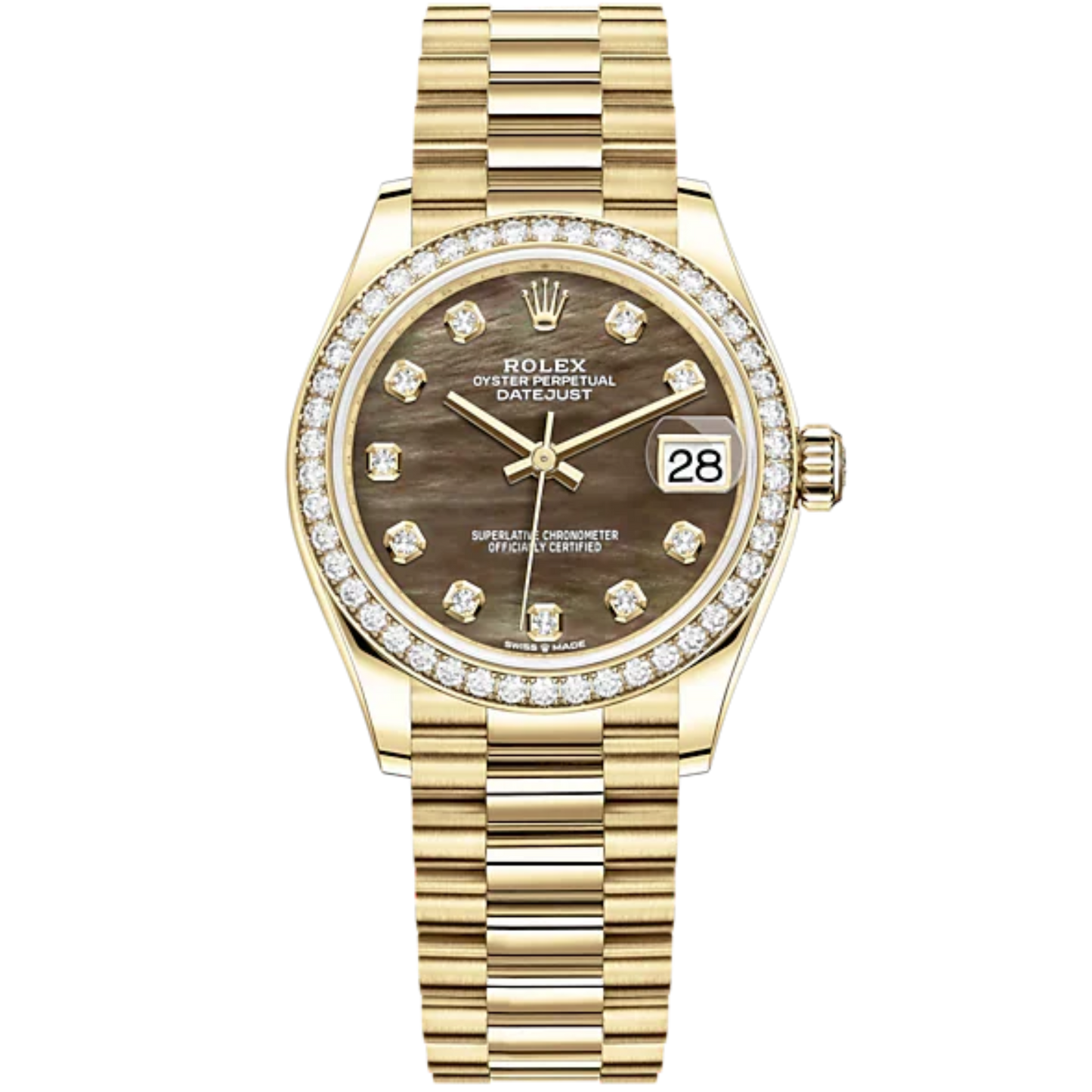 Datejust 31 31mm President Bracelet and 18 CT Yellow Gold with Black Mother-Of-Pearl Diamond-Set Dial Diamond-Set Bezel