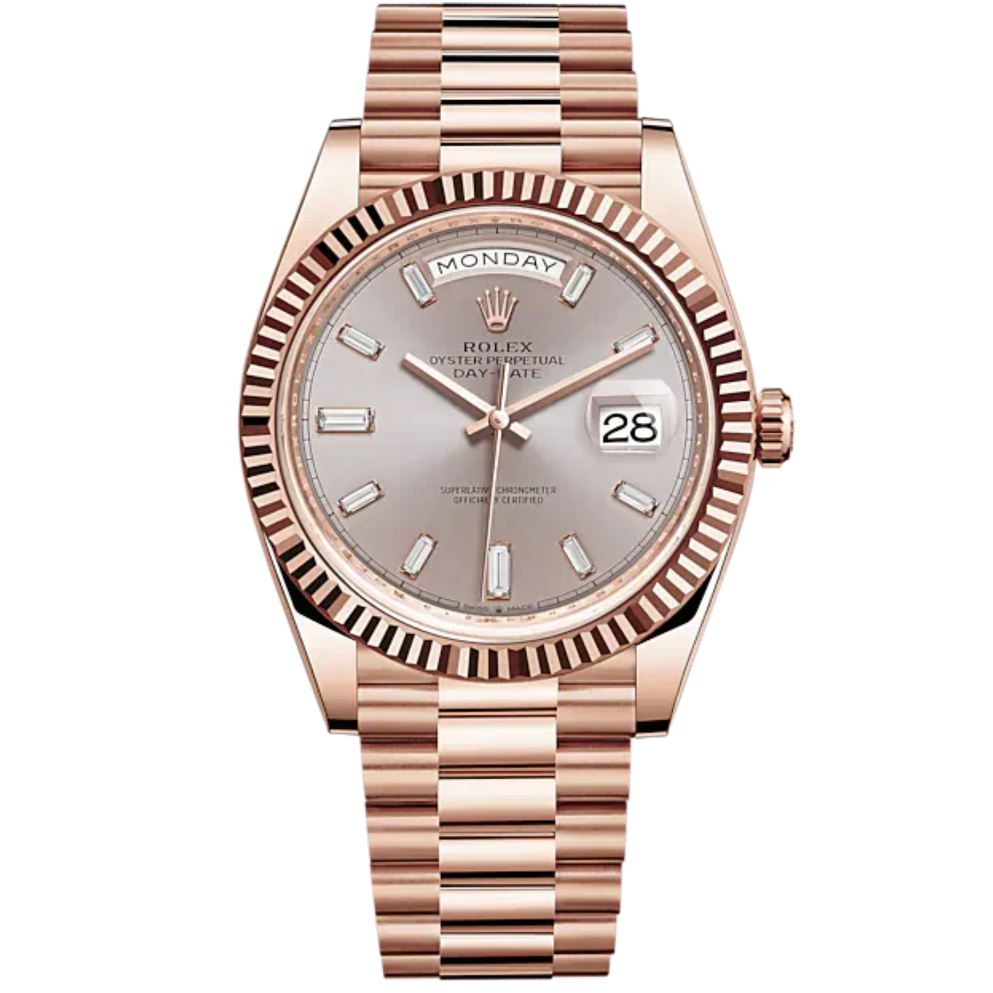 Rolex Day-Date Ref. 228235 40mm Everose Gold with Sundust Diamond-Set Dial and Fluted Bezel