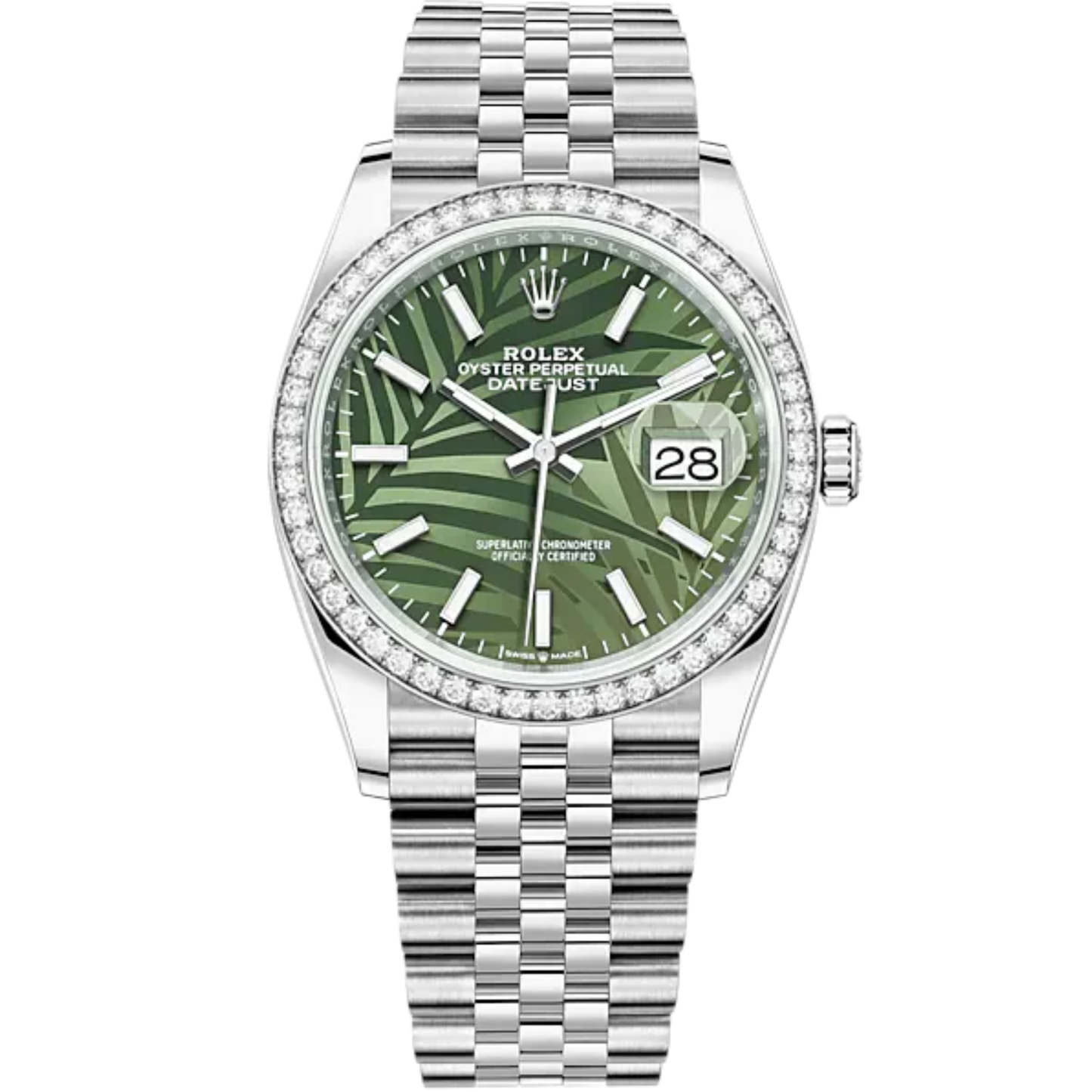 Datejust 36 36mm Oystersteel Jubilee Bracelet and White Gold with Olive-Green Palm-Motif Dial Diamond-Set Bezel