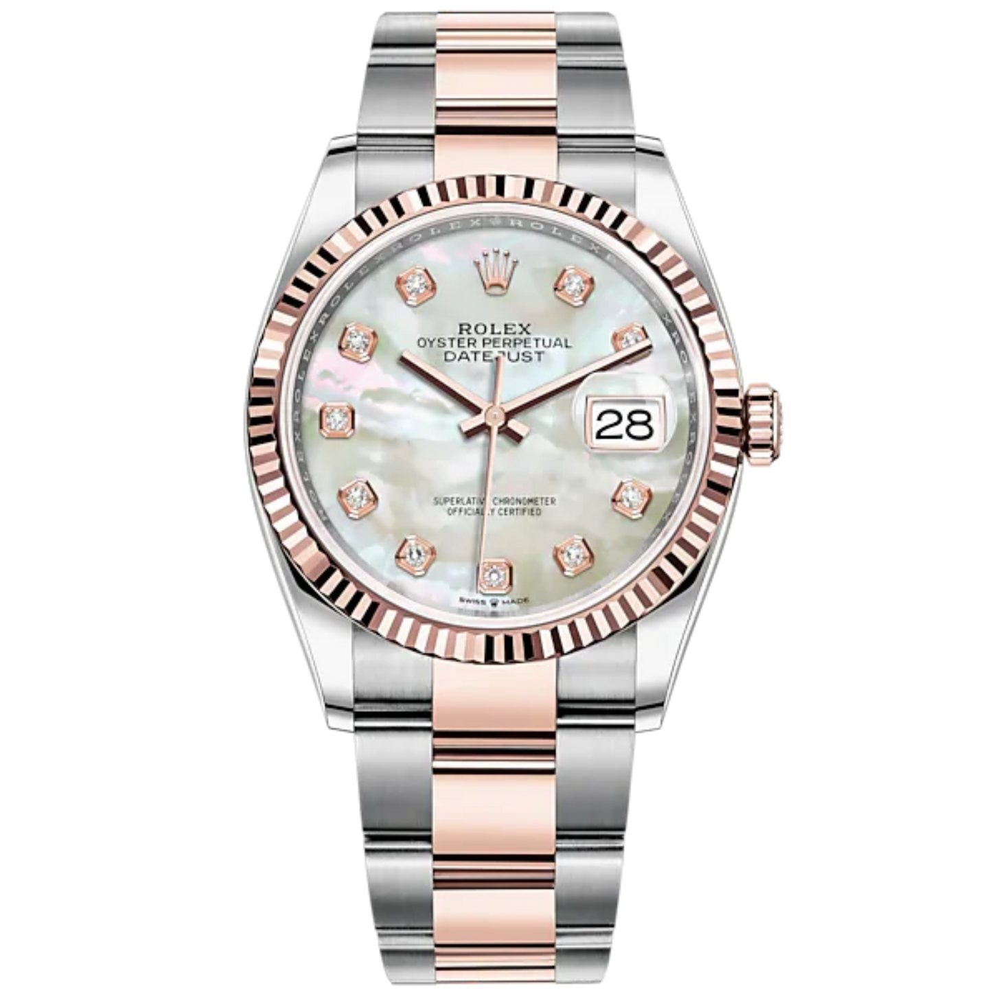 Datejust 36 36mm Oyster Bracelet Oystersteel and Everose Gold with White Mother-of-Pearl Diamond-Set Dial Fluted Bezel