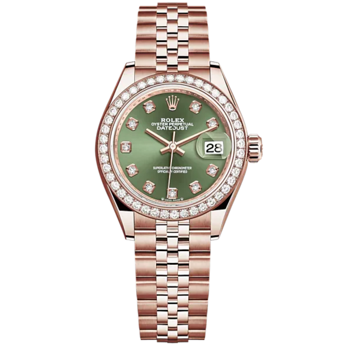 Lady-DateJust 28mm Jubilee Bracelet and 18 KT Everose Gold with Olive-Green Dial Diamond-Set Dial Diamond-Set Bezel
