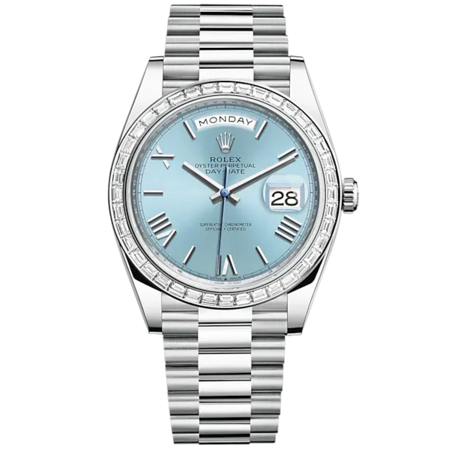 Day-Date 40 40mm President Bracelet and Platinum with Ice-Blue Dial and Diamond-Set Bezel