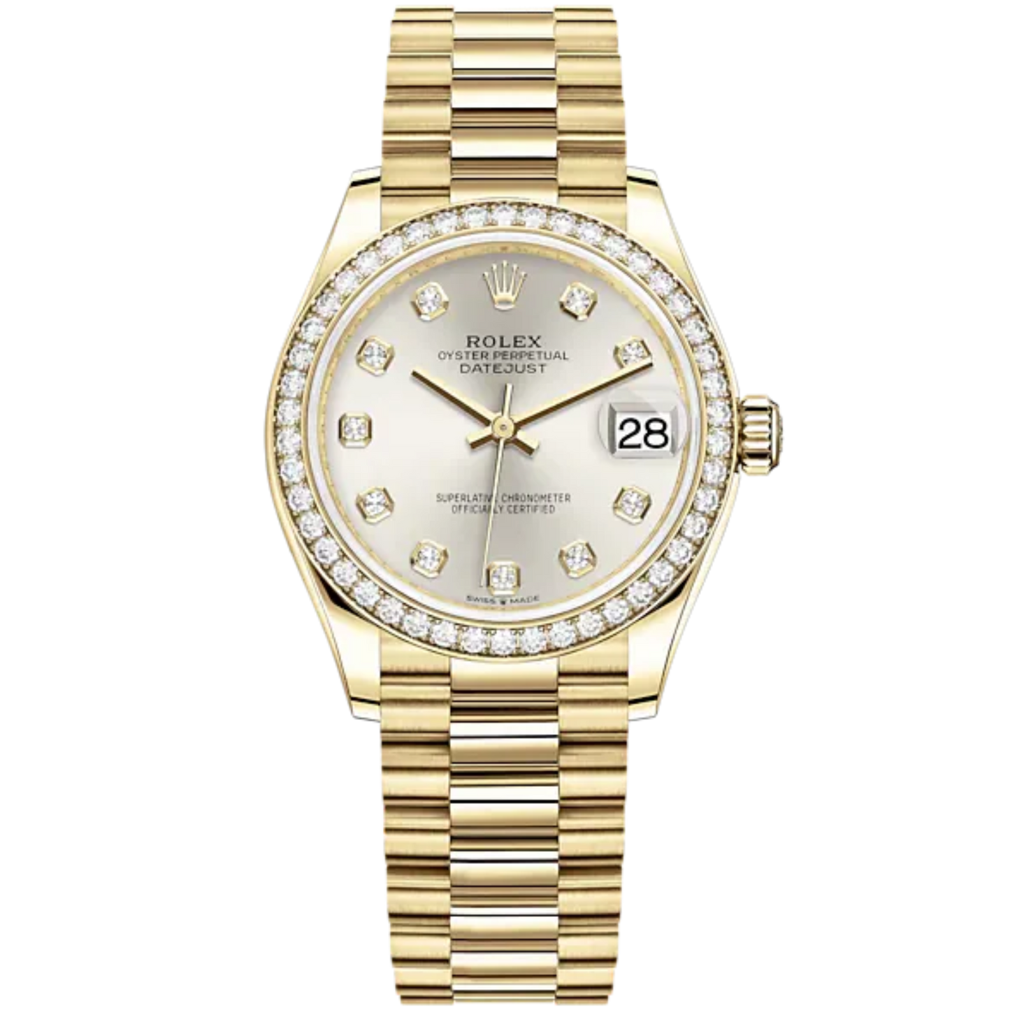 Datejust 31 31mm President Bracelet and 18 CT Yellow Gold with Silver Diamond-Set Dial Diamond-Set Bezel
