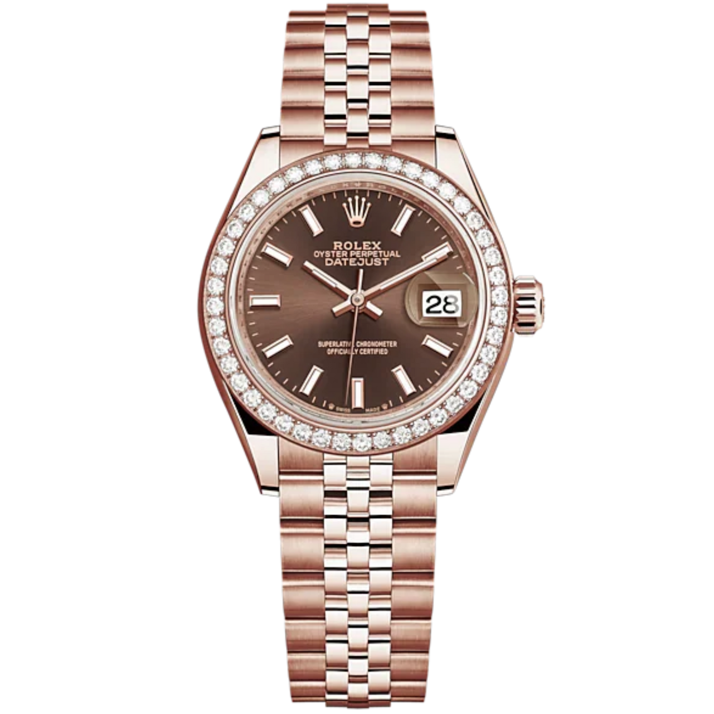 Lady-DateJust 28mm Jubilee Bracelet and 18 KT Everose Gold with Chocolate Dial Diamond-Set Bezel