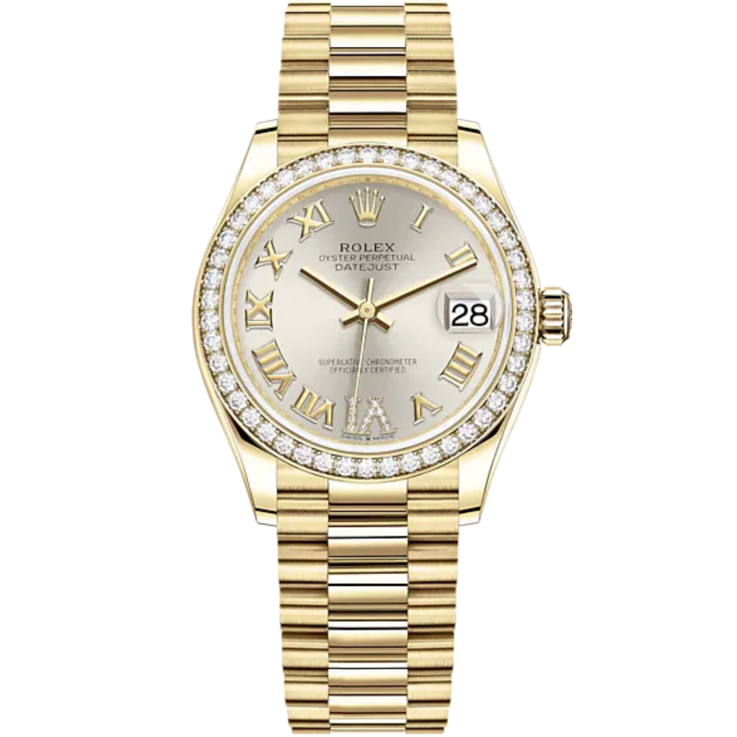 Datejust 31 31mm President Bracelet and 18 CT Yellow Gold with Silver Diamond Dial Diamond-Set Bezel