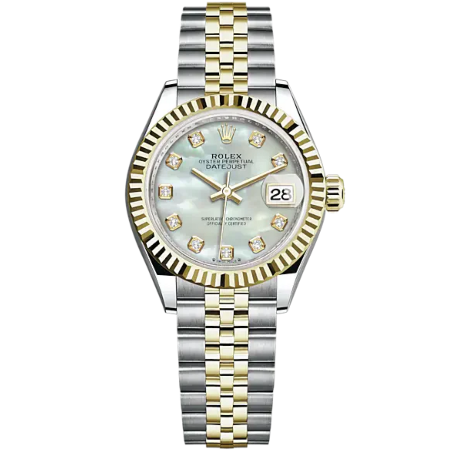 Lady-DateJust 28mm Oystersteel Jubilee Bracelet and Yellow Gold with White Mother-of-Pearl Dial Diamond-Set Dial Fluted Bezel