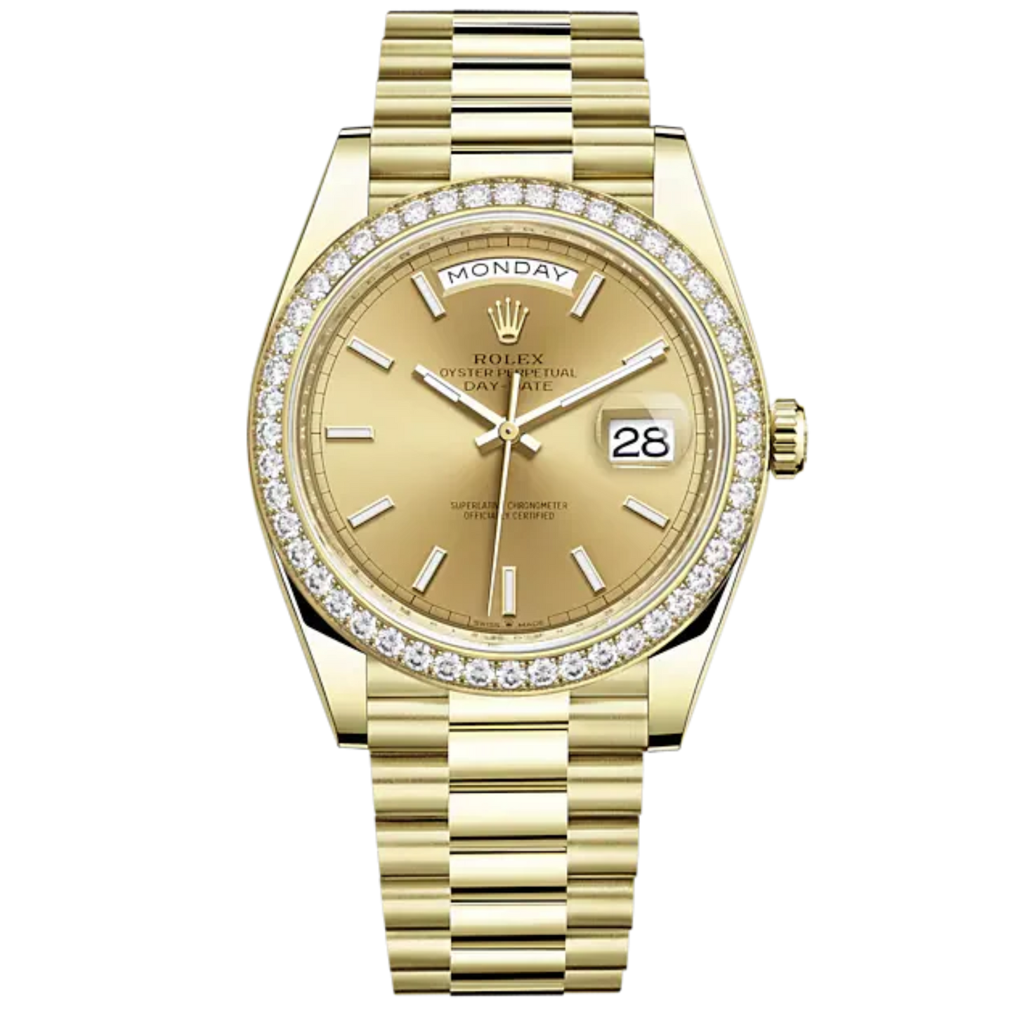 Day-Date 40 40mm President Bracelet and 18 KT Yellow Gold with Champagne-Colour Dial and Diamond-Set Bezel