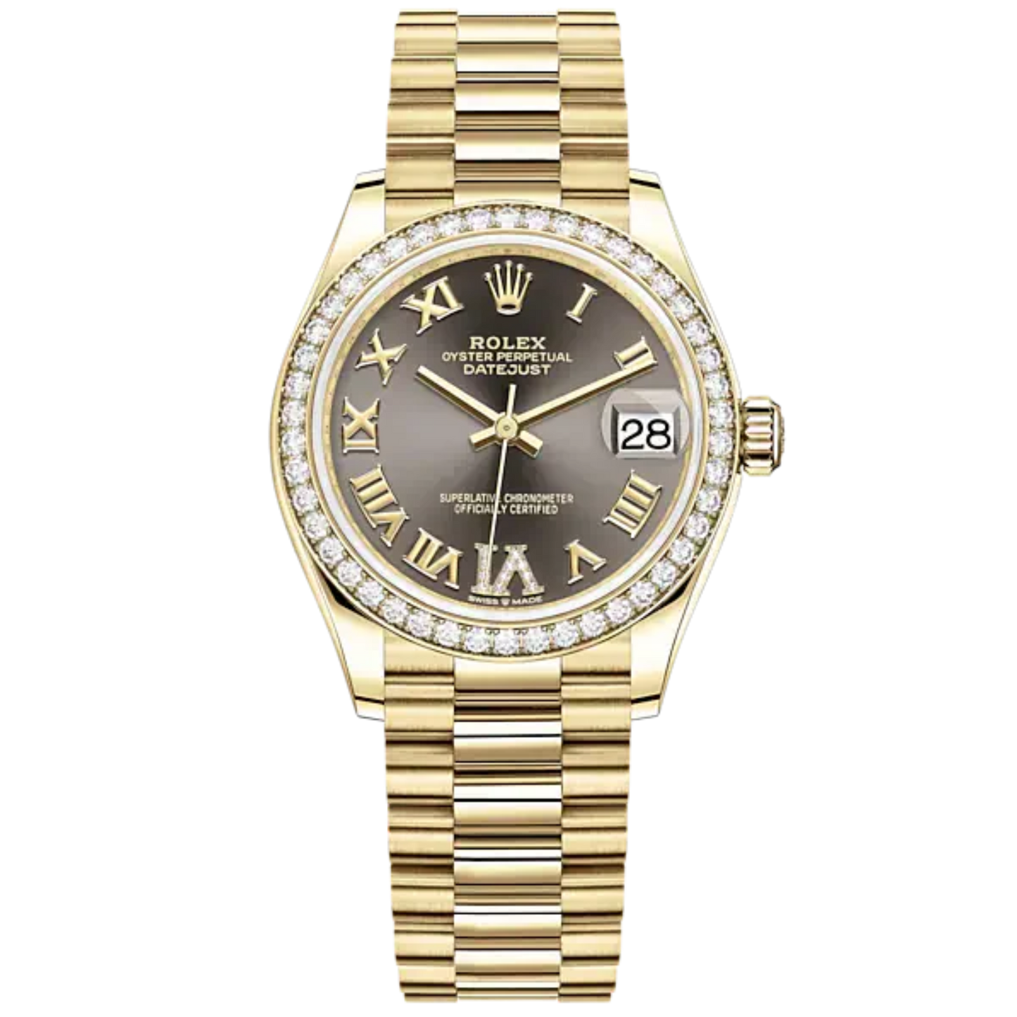Datejust 31 31mm President Bracelet and 18 CT Yellow Gold with Dark Grey Diamond Dial Diamond-Set Bezel