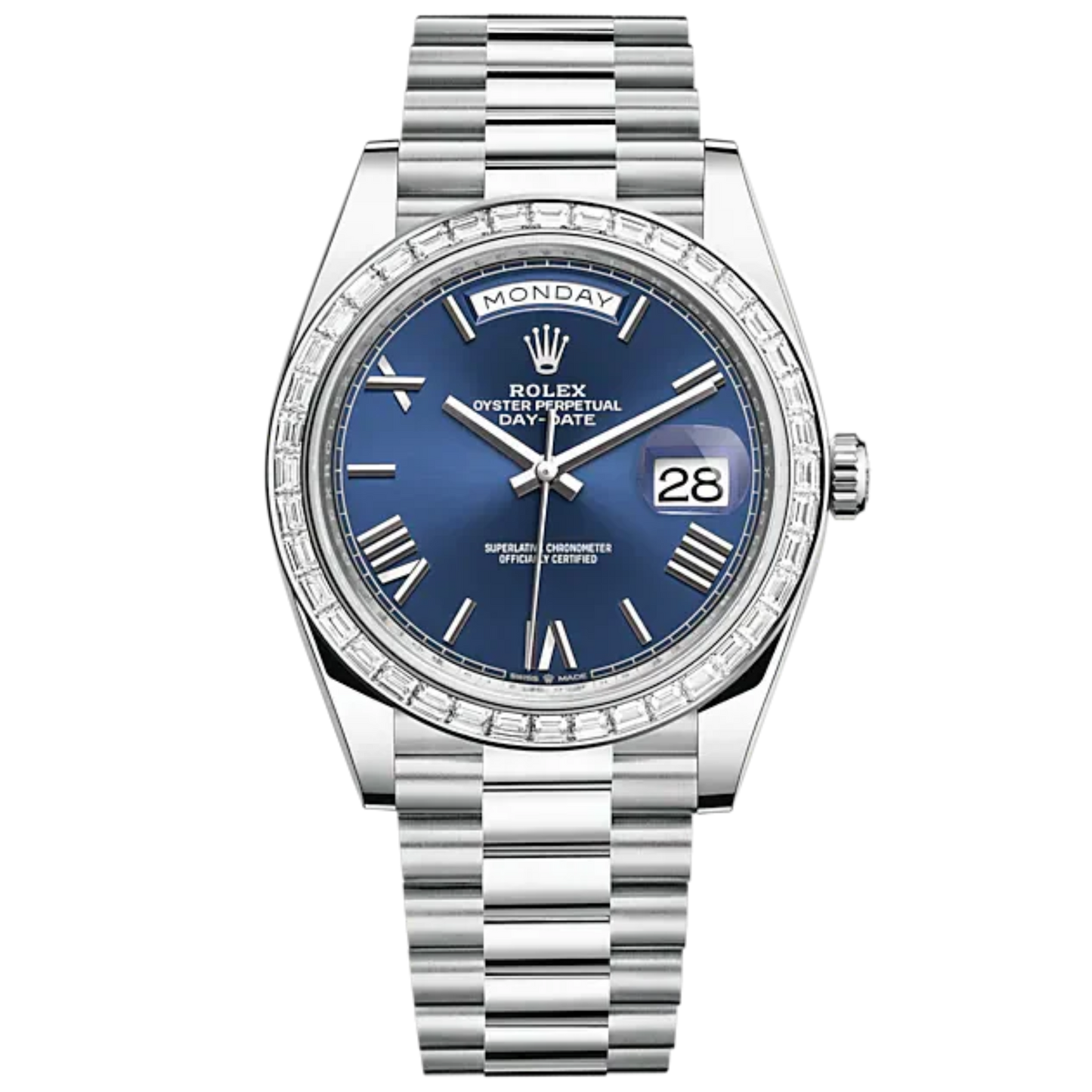 Day-Date 40 40mm President Bracelet and Platinum with Bright Blue Dial and Diamond-Set Bezel
