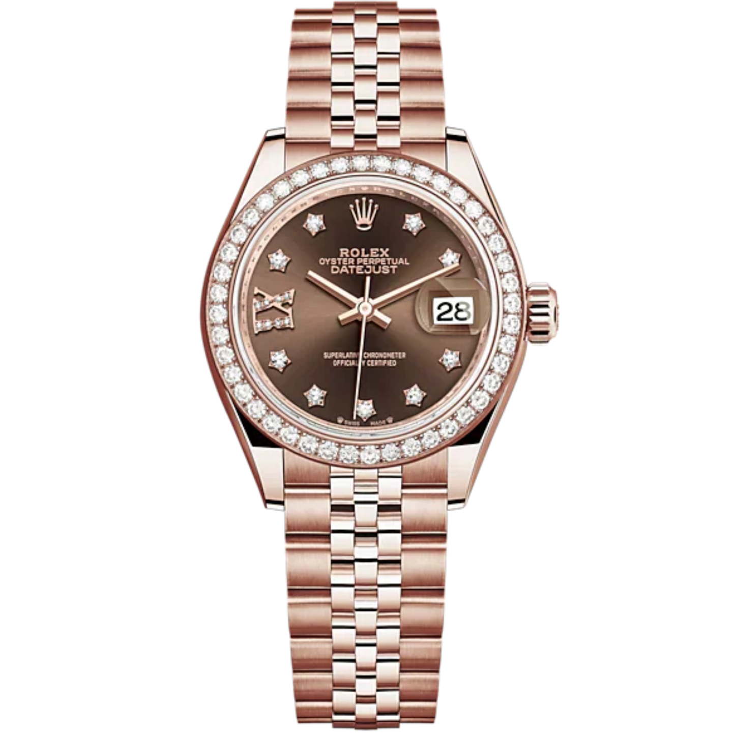 Lady-DateJust 28mm Jubilee Bracelet and 18 KT Everose Gold with Chocolate Dial Diamond-Set Dial Diamond-Set Bezel