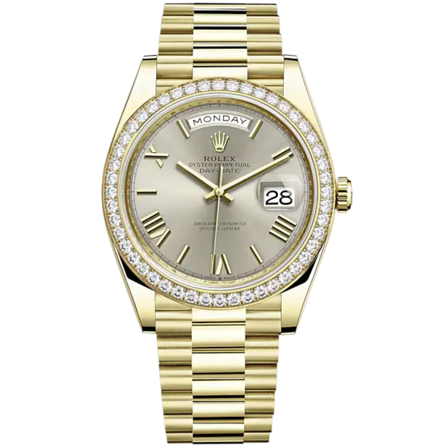 Day-Date 40 40mm President Bracelet and 18 KT Yellow Gold with Silver Dial and Diamond-Set Bezel