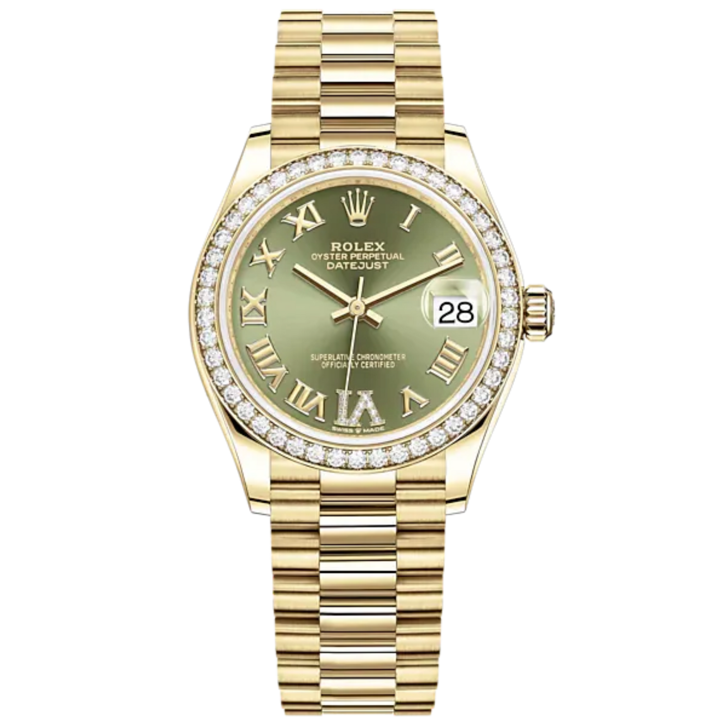 Datejust 31 31mm President Bracelet and 18 CT Yellow Gold with Olive-Green Diamond Dial Diamond-Set Bezel