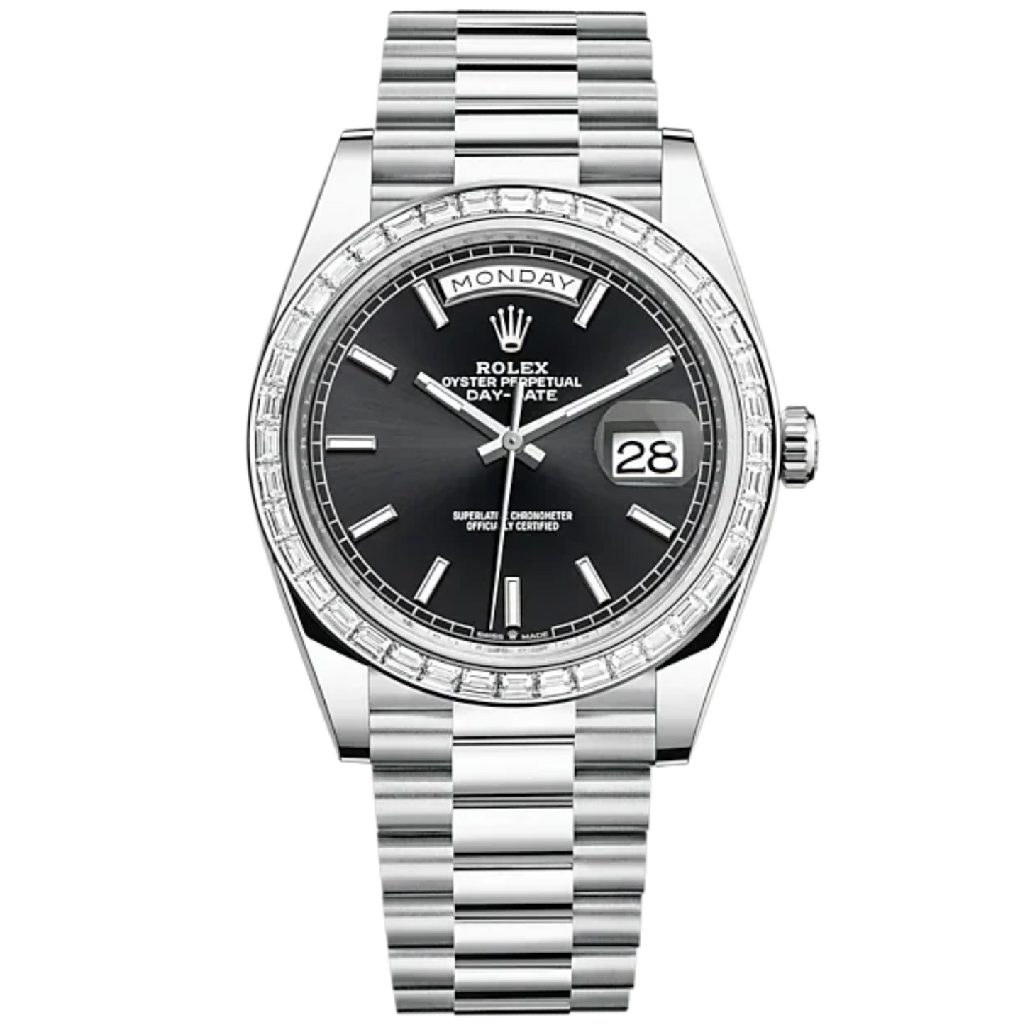 Day-Date 40 40mm President Bracelet and Platinum with Bright Black Dial and Diamond-Set Bezel