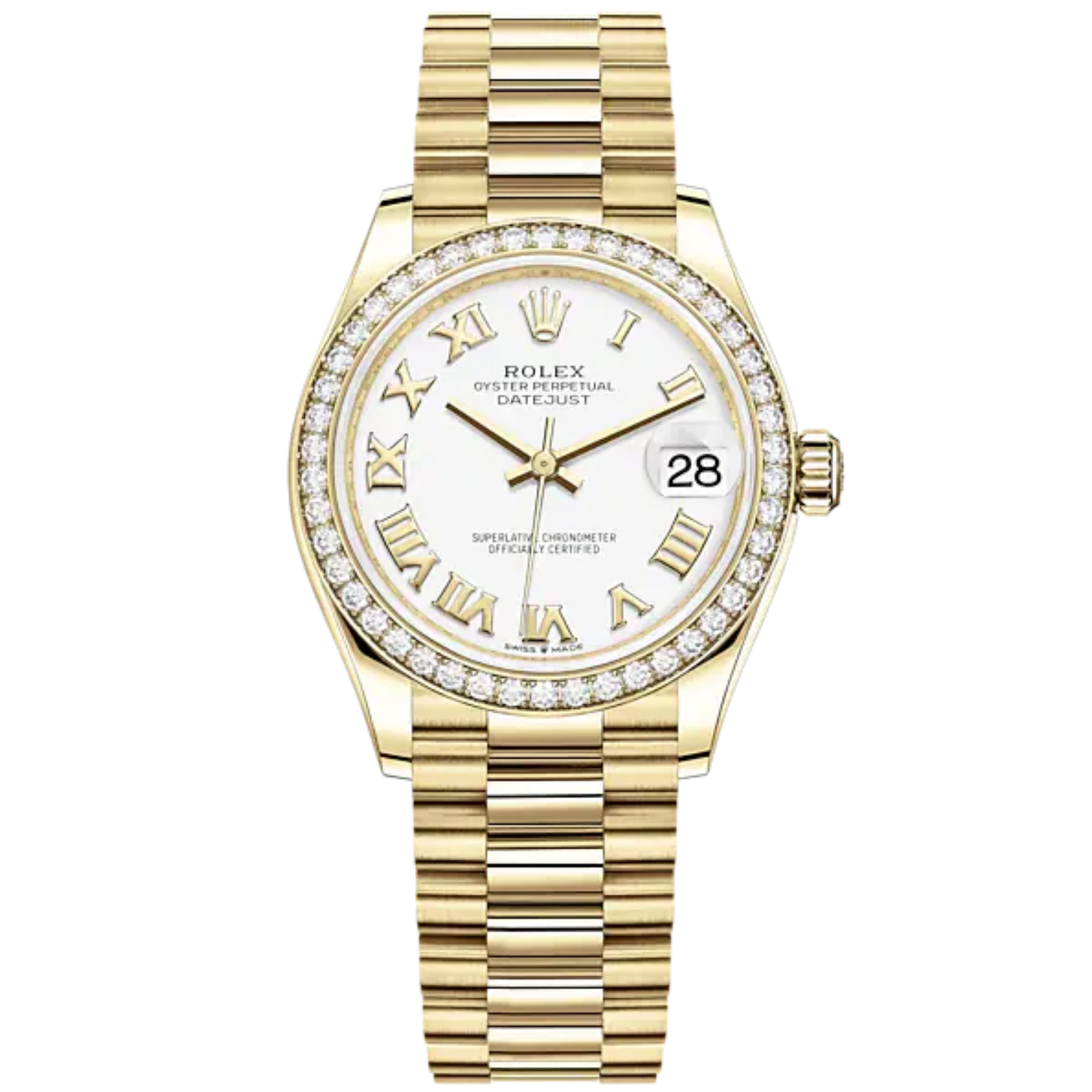 Datejust 31 31mm President Bracelet and 18 CT Yellow Gold with White Dial Diamond-Set Bezel